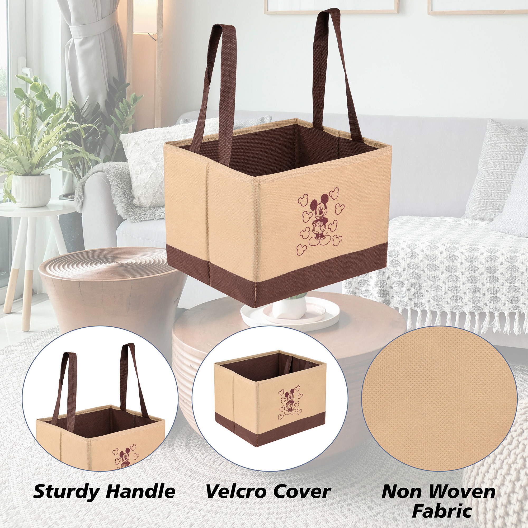 Kuber Industries Disney Mickey Drawer Storage Box | Storage Box for Clothes | Wardrobe Organizer for Books | Closet Box with Handle | Clothes Drawer Organizer | Small | Beige & Brown