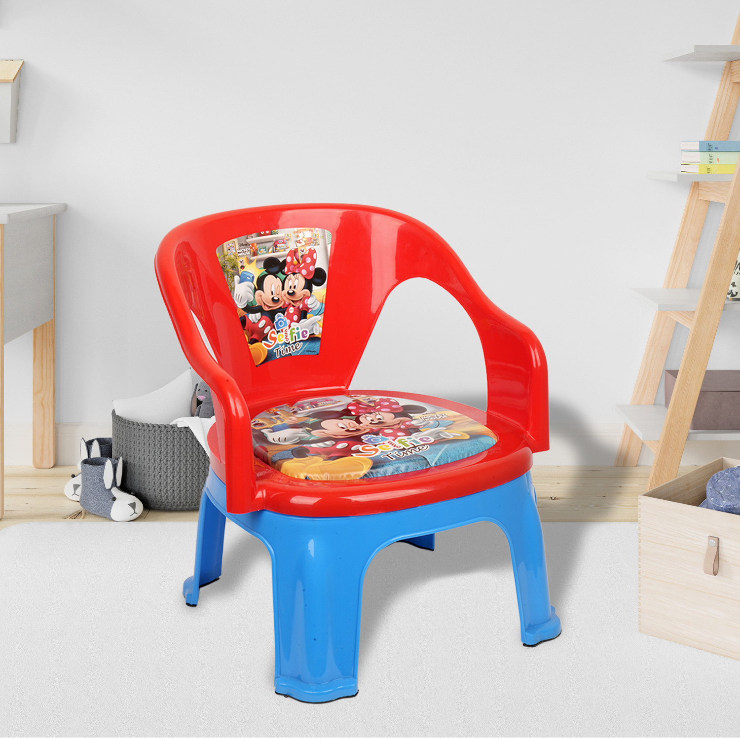Kuber Industries Disney Mickey Kids Chair  Plastic Foldable Kids Chair  Chair for Kidsroom  School Study Stool  Baby Stool  Indoor or Outdoor Stool for Kids  Capacity 30 Kg  Red  Blue