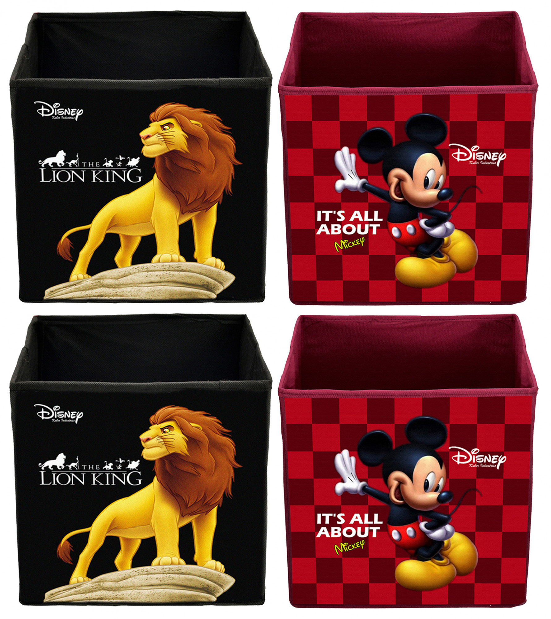 Kuber Industries Disney Mickey Lion King Print Non Woven Fabric Foldable Large Size Storage Cube Toy,Books,Shoes Storage Box With Handle (Black & Maroon)