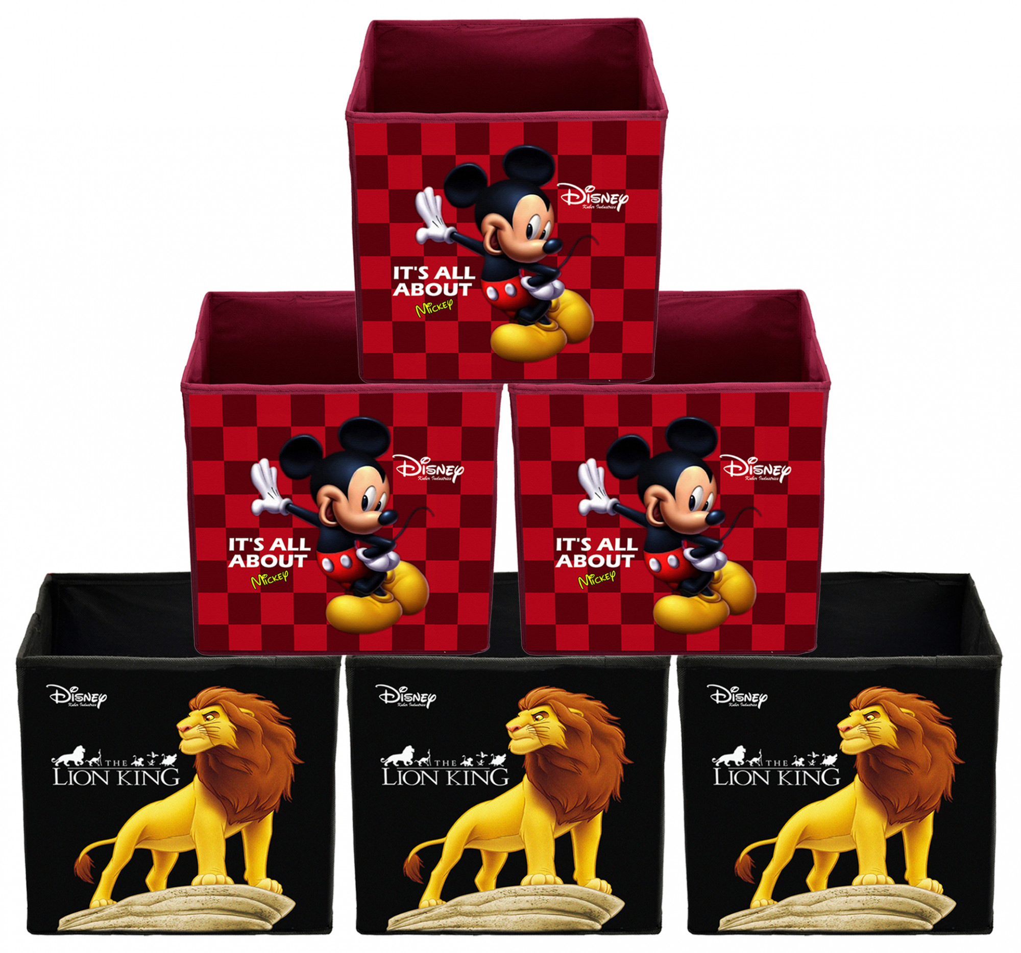 Kuber Industries Disney Mickey Lion King Print Non Woven Fabric Foldable Large Size Storage Cube Toy,Books,Shoes Storage Box With Handle (Black & Maroon)