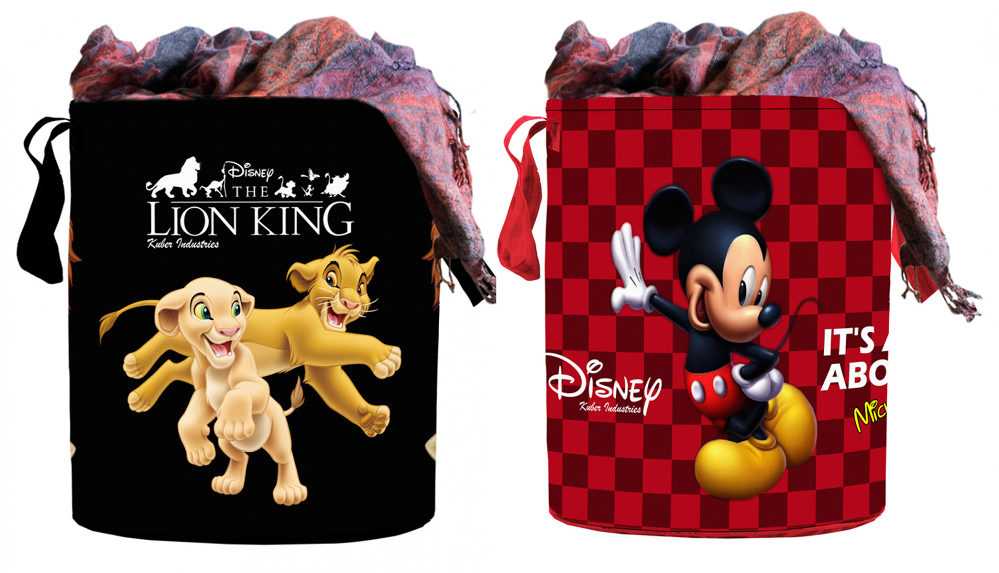 Kuber Industries Disney Mickey Lion King Print Non Woven Fabric Foldable Laundry Basket , Toy Storage Basket, Cloth Storage Basket With Handles,45 Ltr (Set Of 2, Maroon & Black)