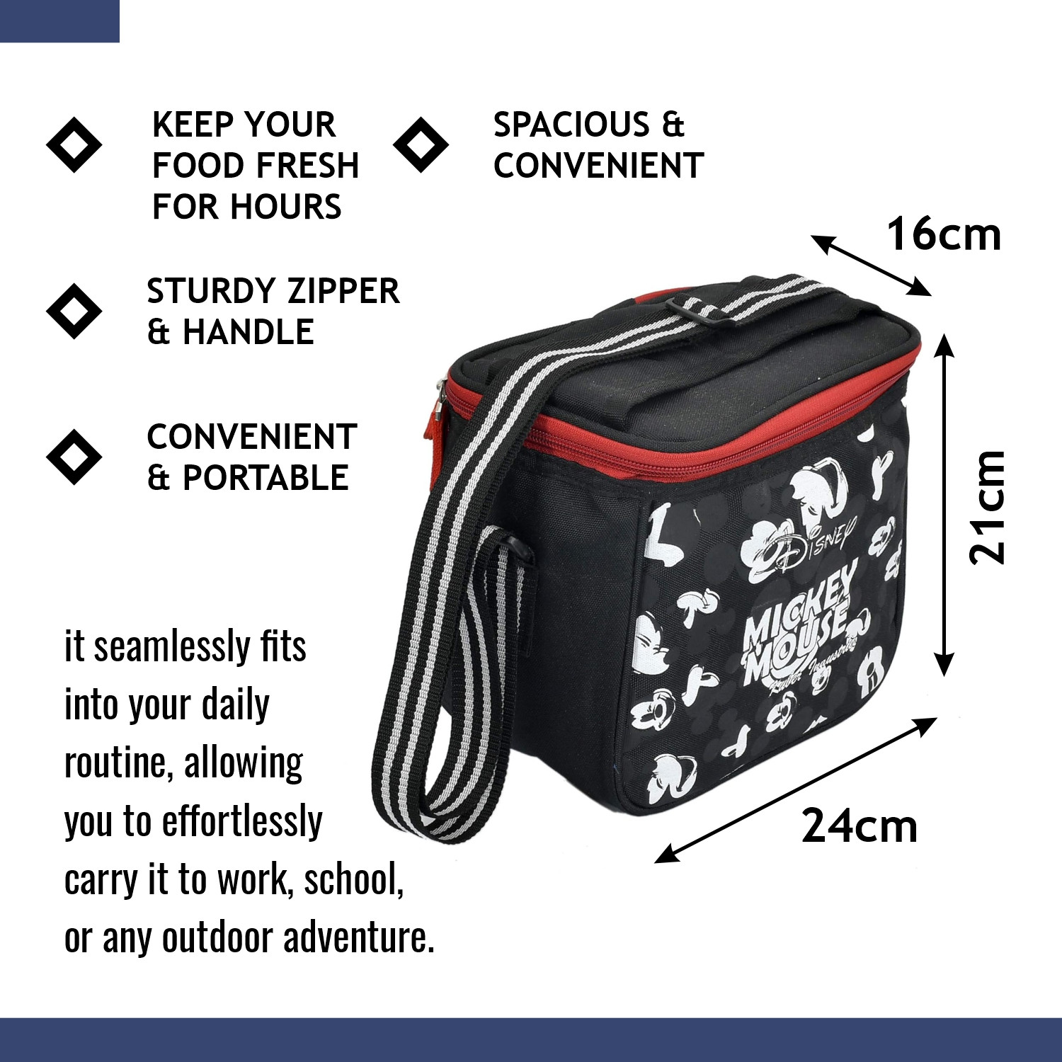 Kuber Industries Disney Mickey Lunch Bag  Lunch Bag for Office  Lunch Bag for College  Reusable Lunch Bag  Lunch Bag for Adults  Front Pocket Lunch Bag  Black