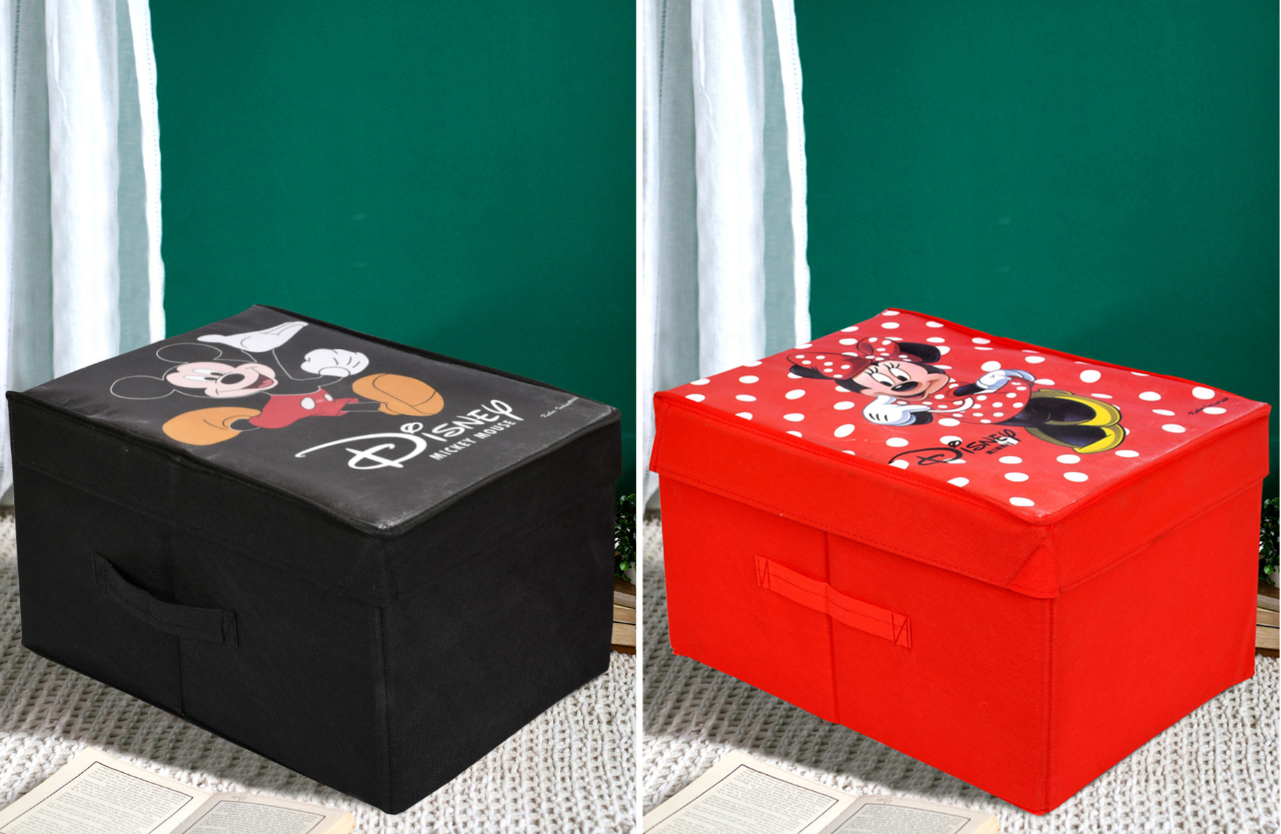 Kuber Industries Disney Mickey Minnie Mouse Print Non Woven 2 Pieces Fabric Foldable Saree Cover Storage Organizer Box with With Lid, Extra Large (Black & Red)-KUBMART1728
