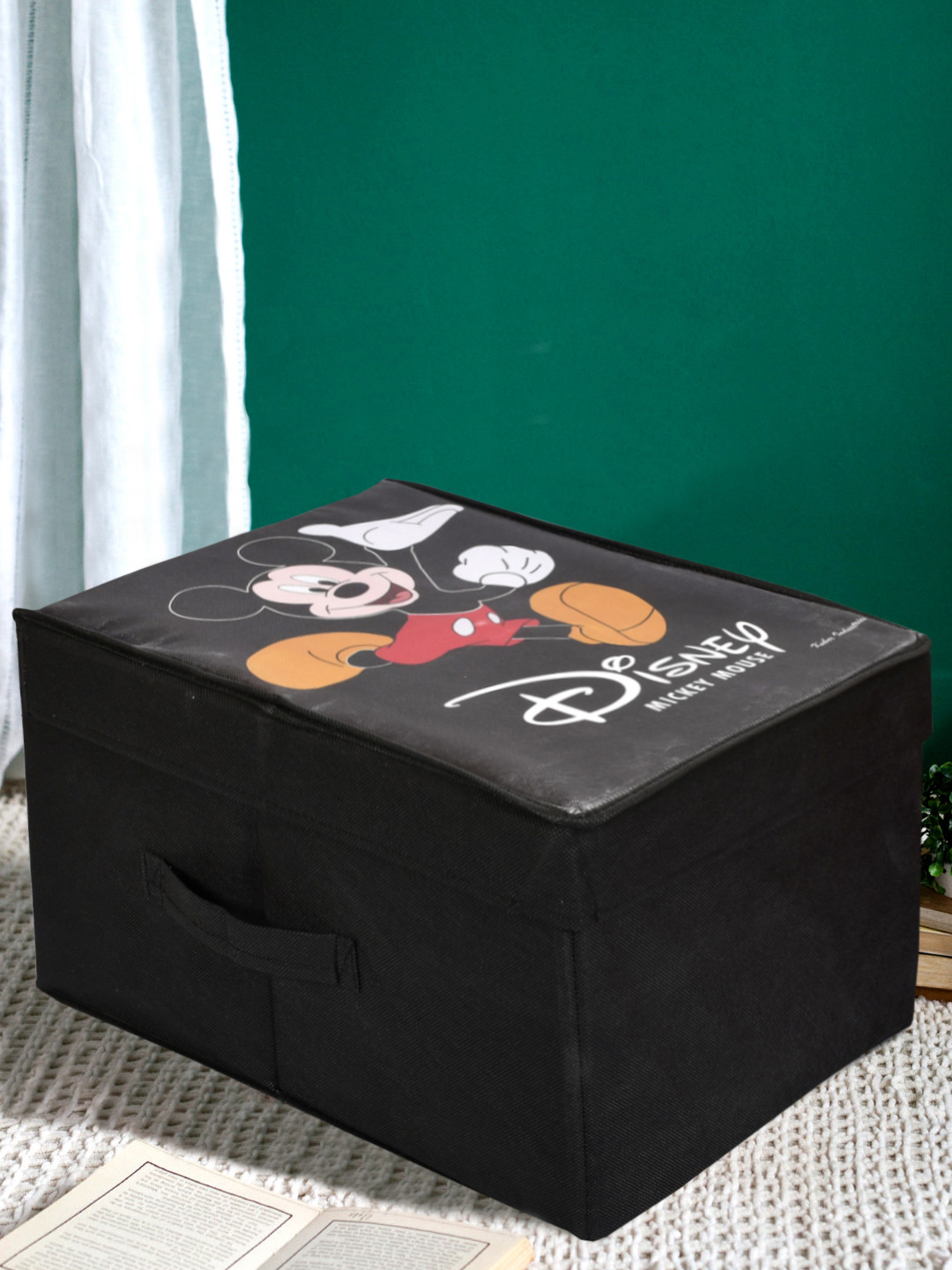 Kuber Industries Disney Mickey Minnie Mouse Print Non Woven 2 Pieces Fabric Foldable Saree Cover Storage Organizer Box with With Lid, Extra Large (Black & Red)-KUBMART1728