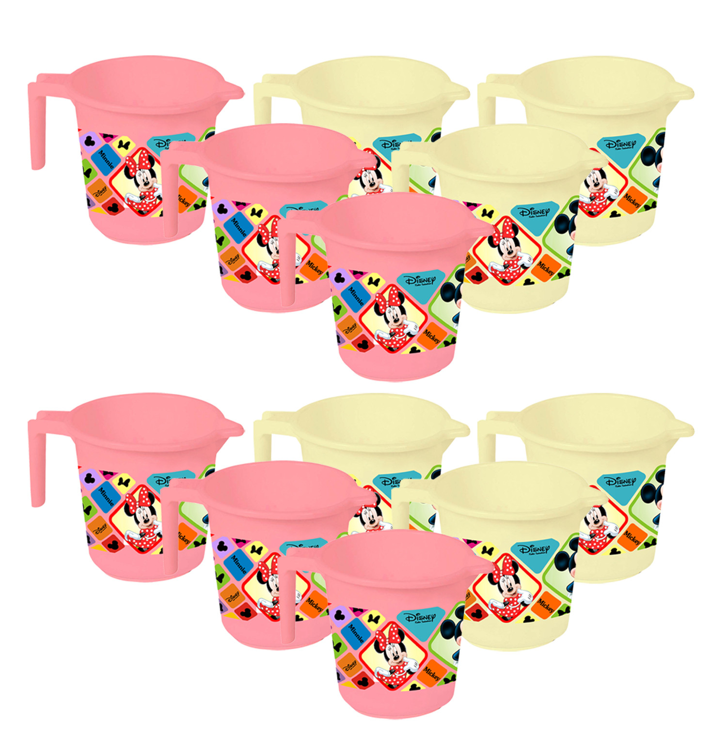 Kuber Industries Disney Mickey Minnie Print 12 Pieces Unbreakable Strong Plastic Bathroom Mug,500 ML (Pink & Cream) -HS_35_KUBMART17655