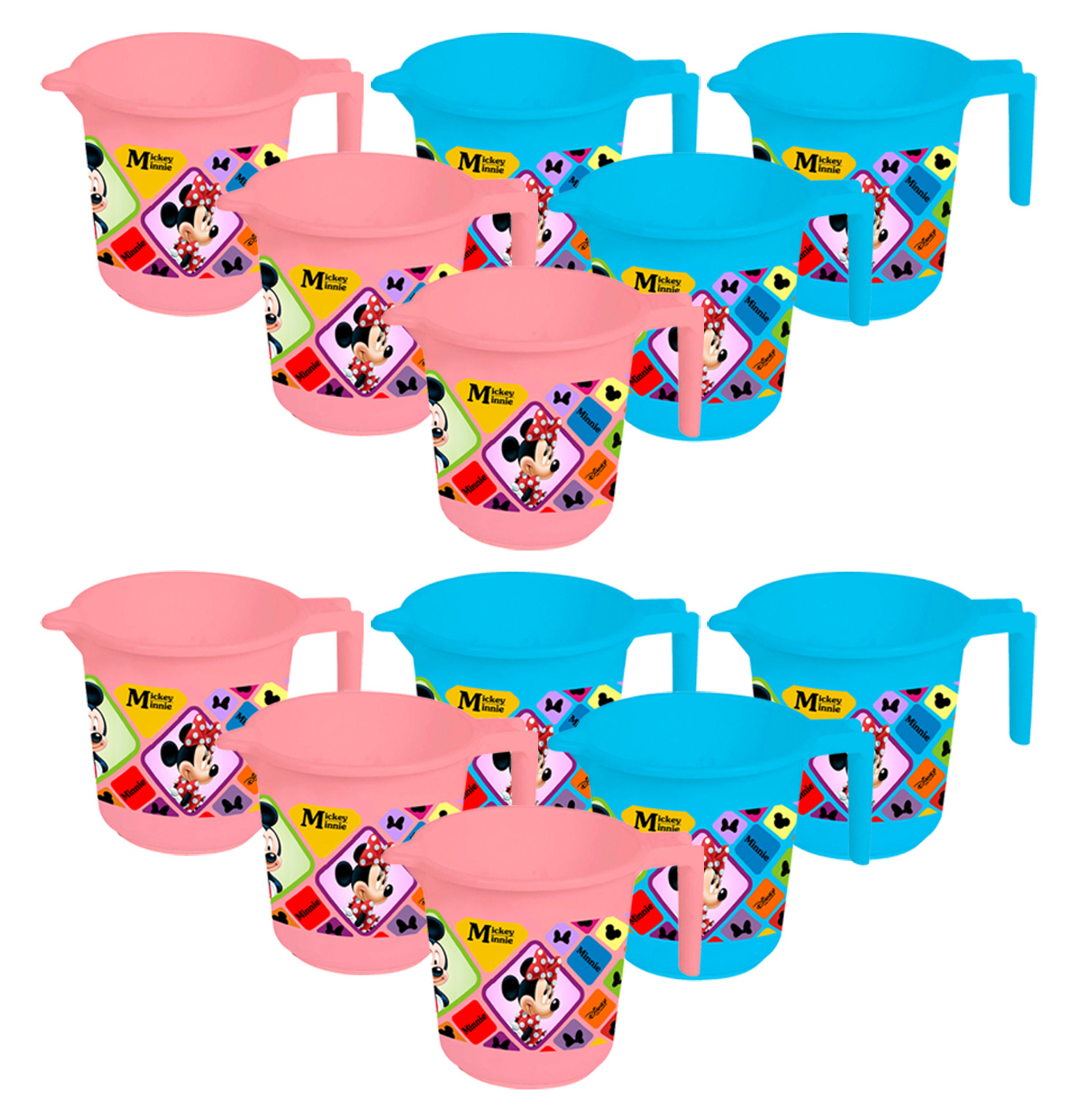 Kuber Industries Disney Mickey Minnie Print 12 Pieces Unbreakable Strong Plastic Bathroom Mug,500 ML (Pink & Blue) -HS_35_KUBMART17657
