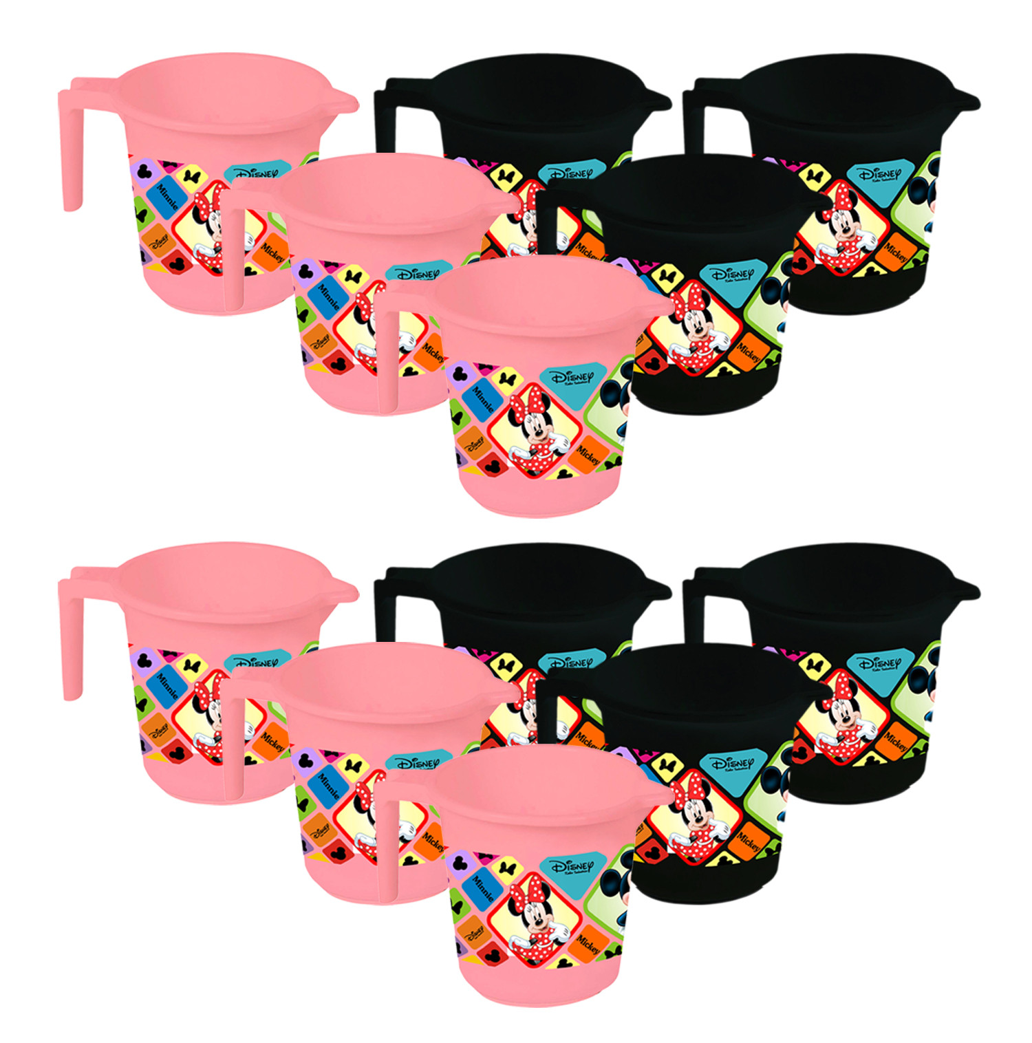 Kuber Industries Disney Mickey Minnie Print 12 Pieces Unbreakable Strong Plastic Bathroom Mug,500 ML (Pink & Black) -HS_35_KUBMART17659