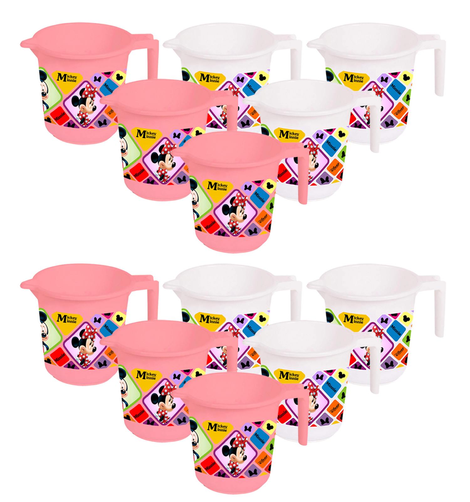 Kuber Industries Disney Mickey Minnie Print 12 Pieces Unbreakable Strong Plastic Bathroom Mug,500 ML (Pink & White) -HS_35_KUBMART17661