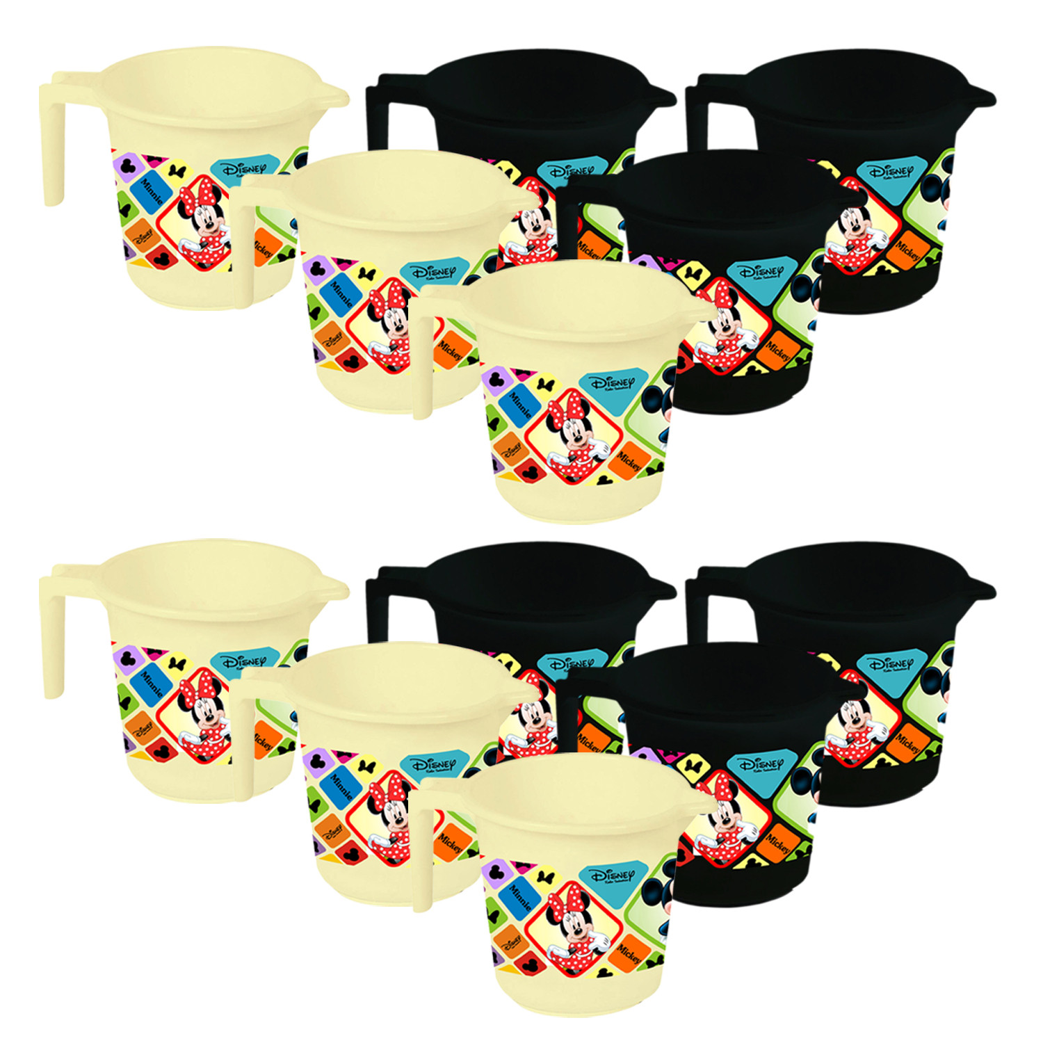 Kuber Industries Disney Mickey Minnie Print 12 Pieces Unbreakable Strong Plastic Bathroom Mug,500 ML (Cream & Black) -HS_35_KUBMART17665