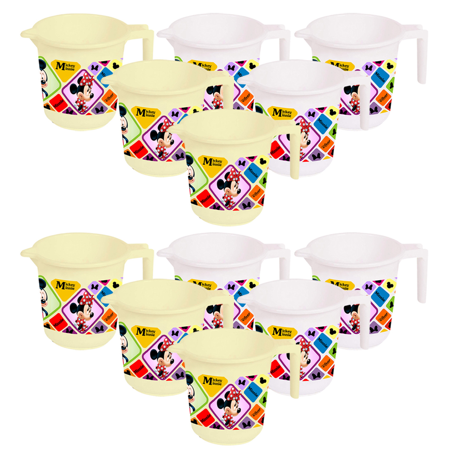 Kuber Industries Disney Mickey Minnie Print 12 Pieces Unbreakable Strong Plastic Bathroom Mug,500 ML (Cream & White) -HS_35_KUBMART17667
