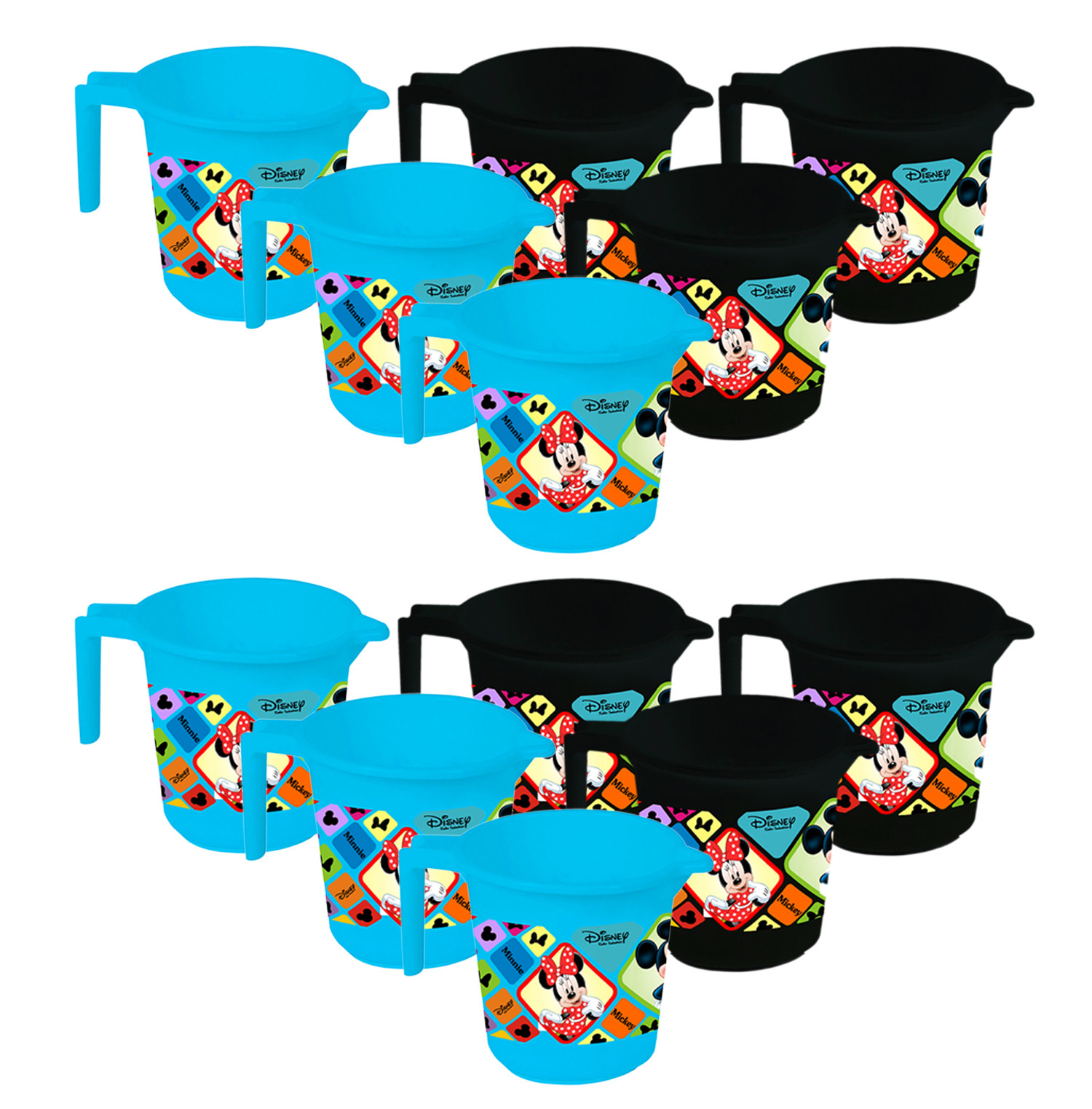 Kuber Industries Disney Mickey Minnie Print 12 Pieces Unbreakable Strong Plastic Bathroom Mug,500 ML (Blue & Black) -HS_35_KUBMART17669