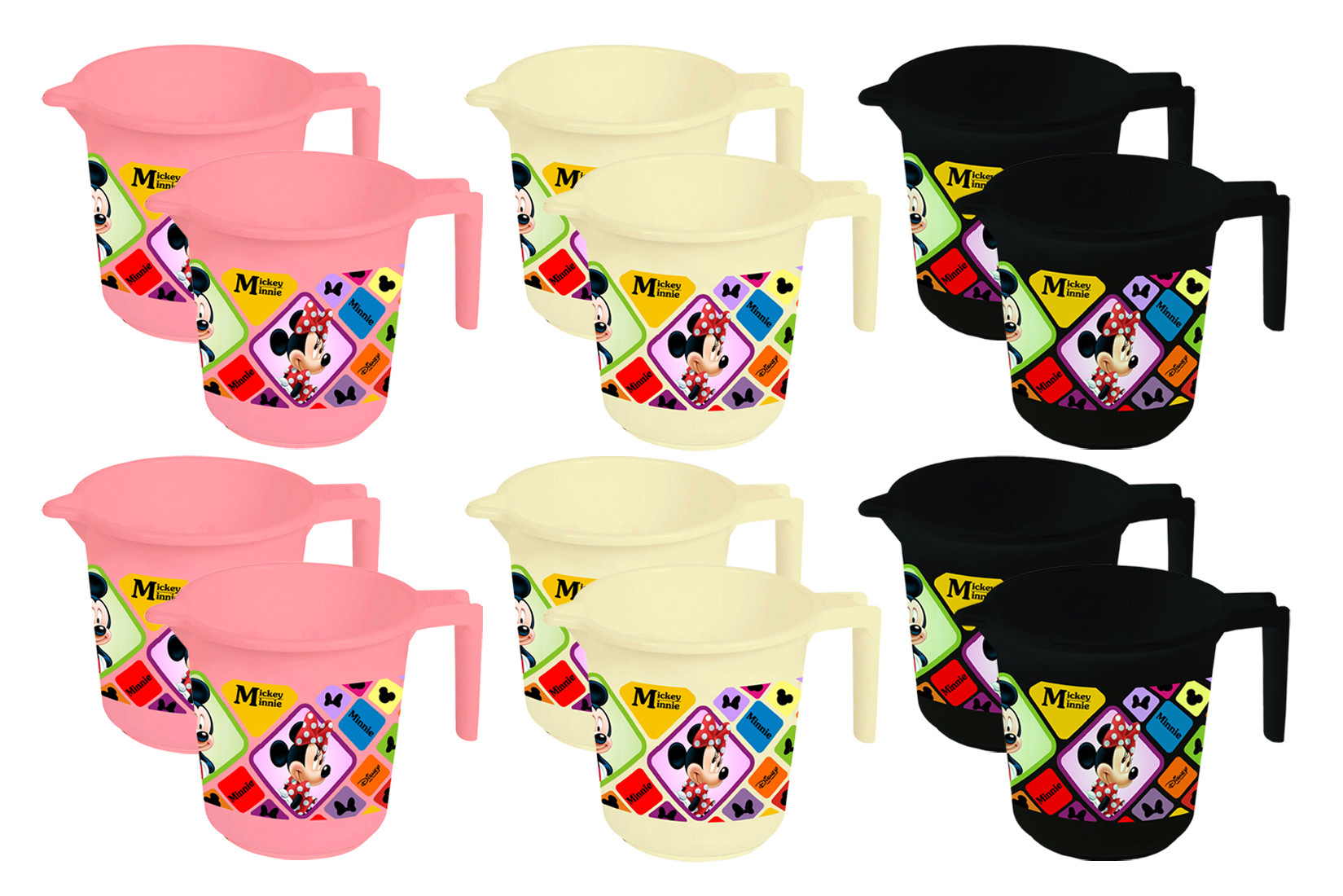 Kuber Industries Disney Mickey Minnie Print 12 Pieces Unbreakable Strong Plastic Bathroom Mug,500 ML (Pink & Cream & Black) -HS_35_KUBMART17677