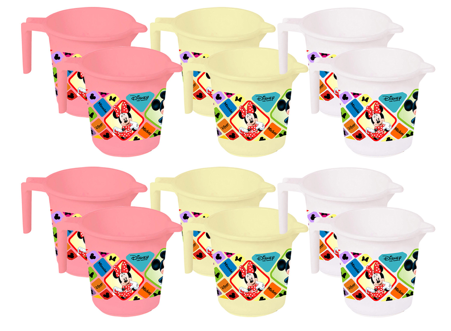 Kuber Industries Disney Mickey Minnie Print 12 Pieces Unbreakable Strong Plastic Bathroom Mug,500 ML (Pink & Cream & White) -HS_35_KUBMART17679