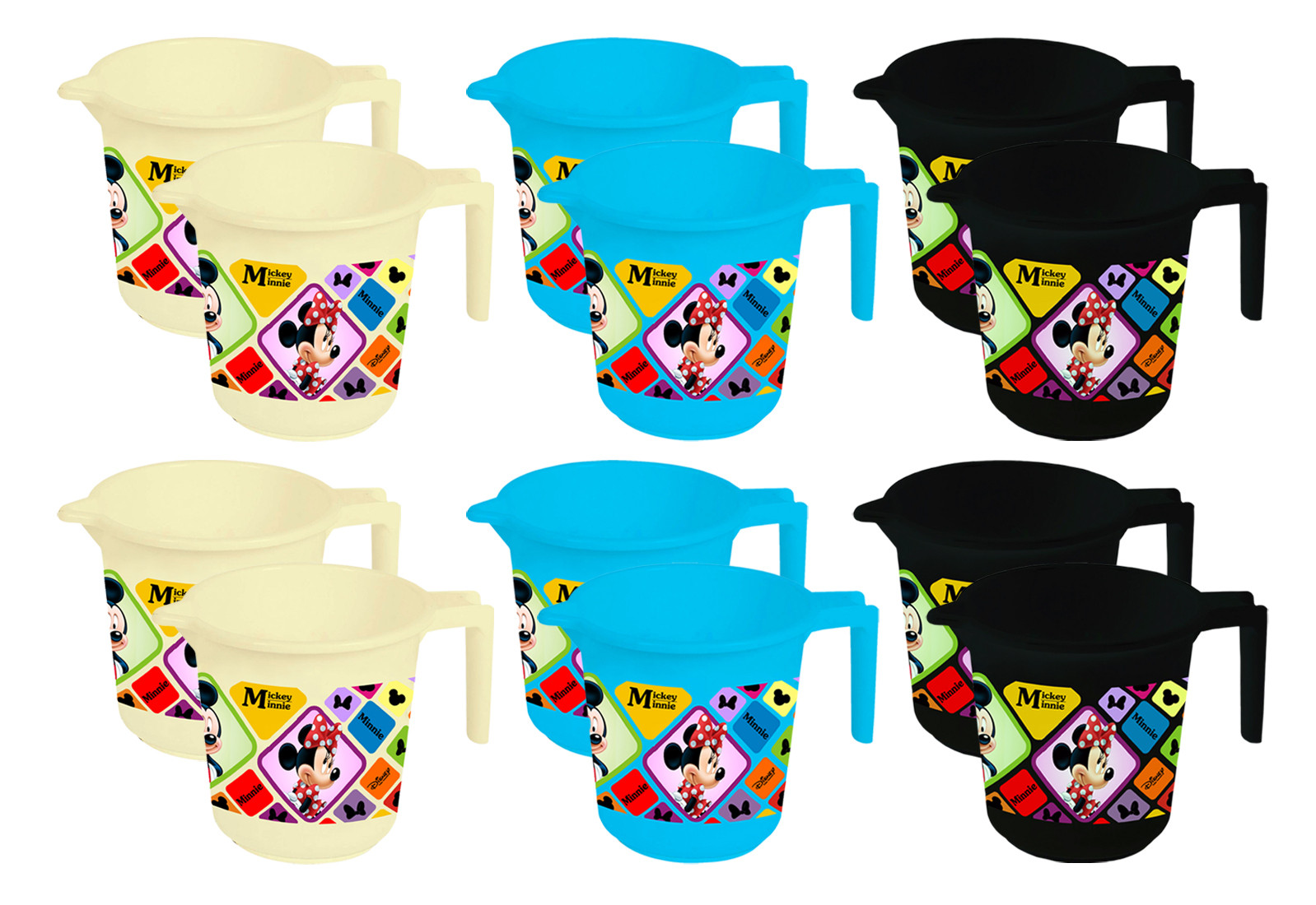 Kuber Industries Disney Mickey Minnie Print 12 Pieces Unbreakable Strong Plastic Bathroom Mug,500 ML (Cream & Blue & Black) -HS_35_KUBMART17681
