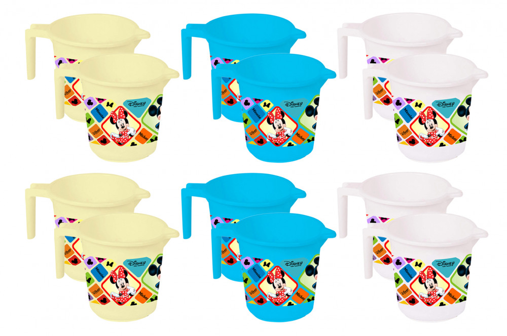 Kuber Industries Disney Mickey Minnie Print 12 Pieces Unbreakable Strong Plastic Bathroom Mug,500 ML (Cream &amp; Blue &amp; White) -HS_35_KUBMART17683
