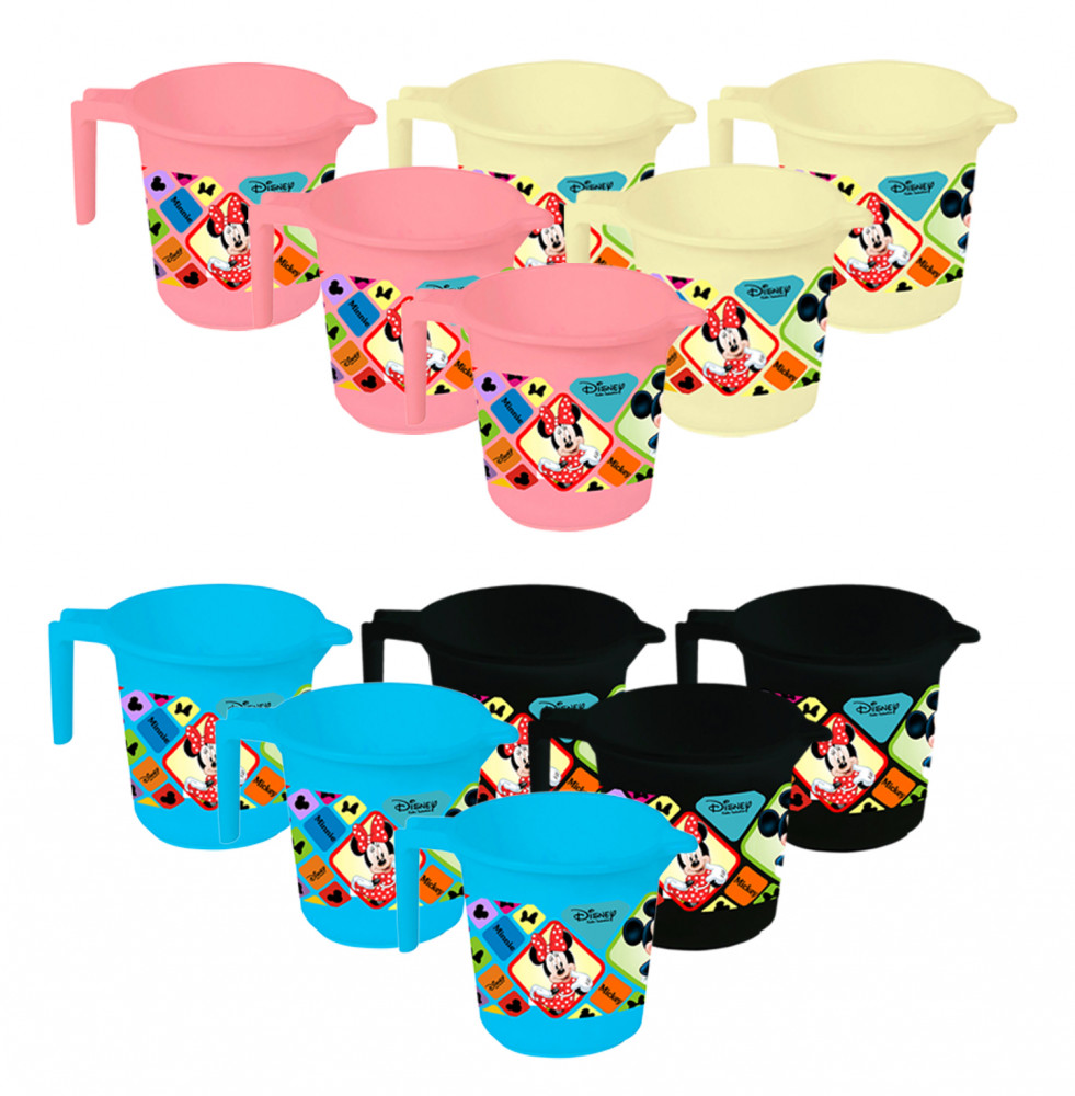 Kuber Industries Disney Mickey Minnie Print 12 Pieces Unbreakable Strong Plastic Bathroom Mug,500 ML (Pink &amp; Cream &amp; Blue &amp; Black) -HS_35_KUBMART17687