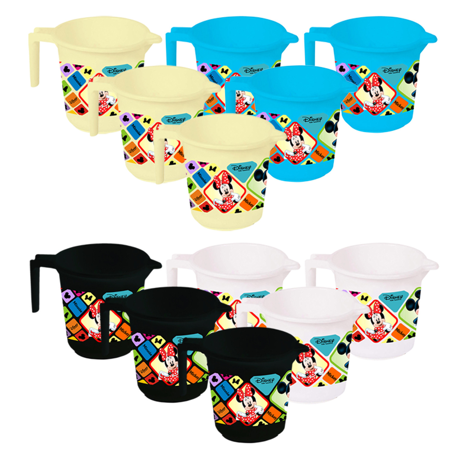 Kuber Industries Disney Mickey Minnie Print 12 Pieces Unbreakable Strong Plastic Bathroom Mug,500 ML (Cream & Blue & Black & White) -HS_35_KUBMART17691