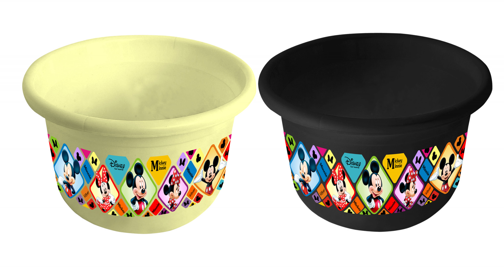 Kuber Industries Disney Mickey Minnie Print 2 Pieces Unbreakable Plastic Multipurpose Bath Tub/Washing Tub 25 Ltr (Cream & Black) -HS_35_KUBMART17911