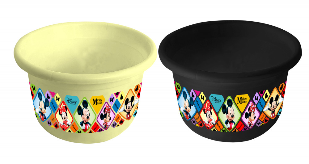 Kuber Industries Disney Mickey Minnie Print 2 Pieces Unbreakable Plastic Multipurpose Bath Tub/Washing Tub 25 Ltr (Cream &amp; Black) -HS_35_KUBMART17911