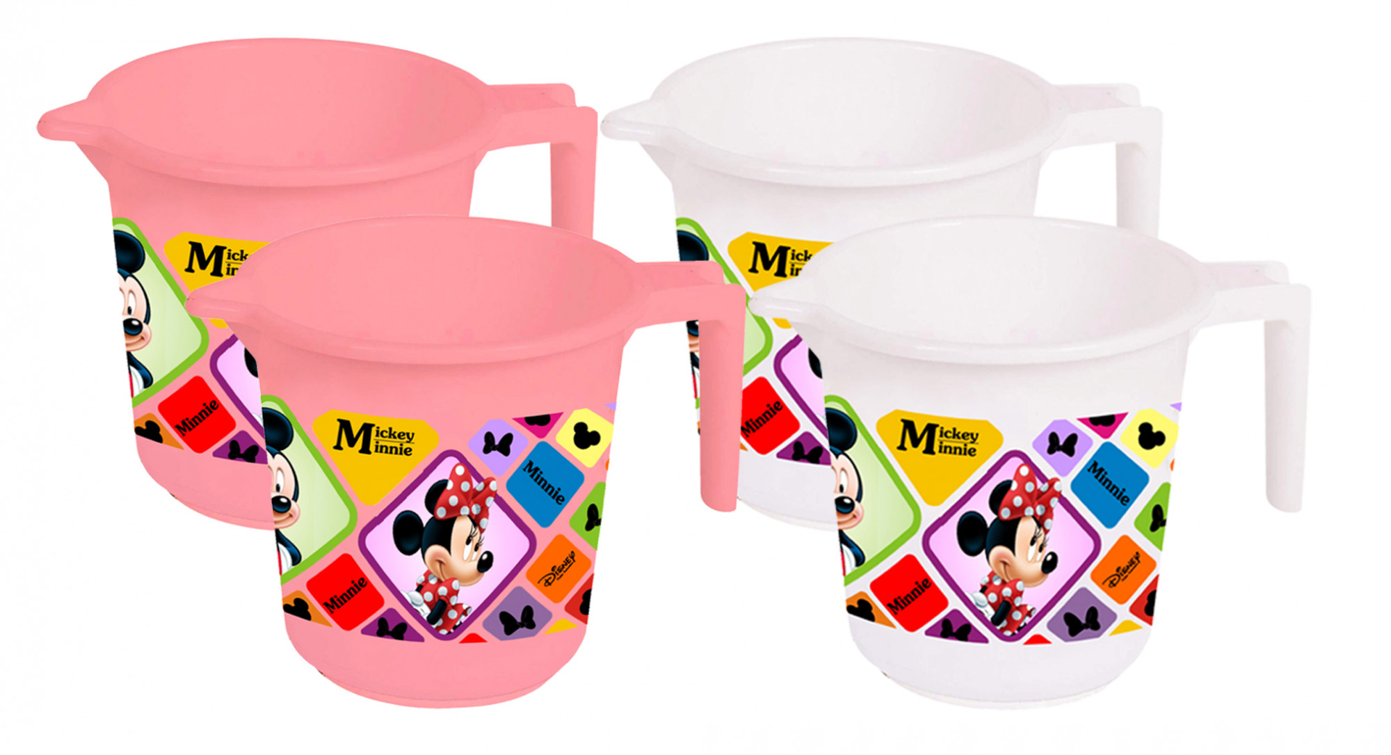 Kuber Industries Disney Mickey Minnie Print 4 Pieces Unbreakable Strong Plastic Bathroom Mug,500 ML (Pink & White) -HS_35_KUBMART17577