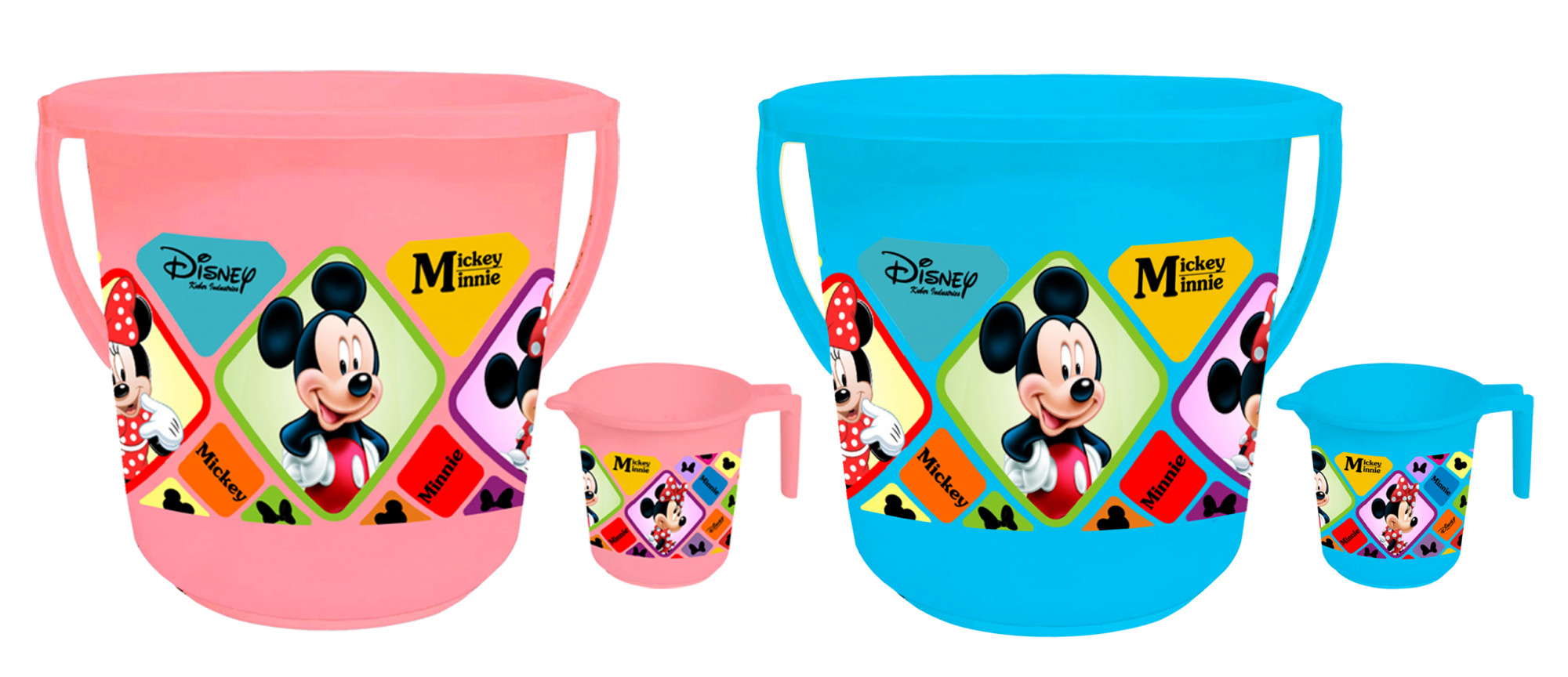 Kuber Industries Disney Mickey Minnie Print 4 Pieces Unbreakable Virgin Plastic Bathroom Bucket With Mug Set- Pink & Blue, (2 Pc 16 LTR Bucket & 2 Pc 500 ML Mug) -HS_35_KUBMART17943