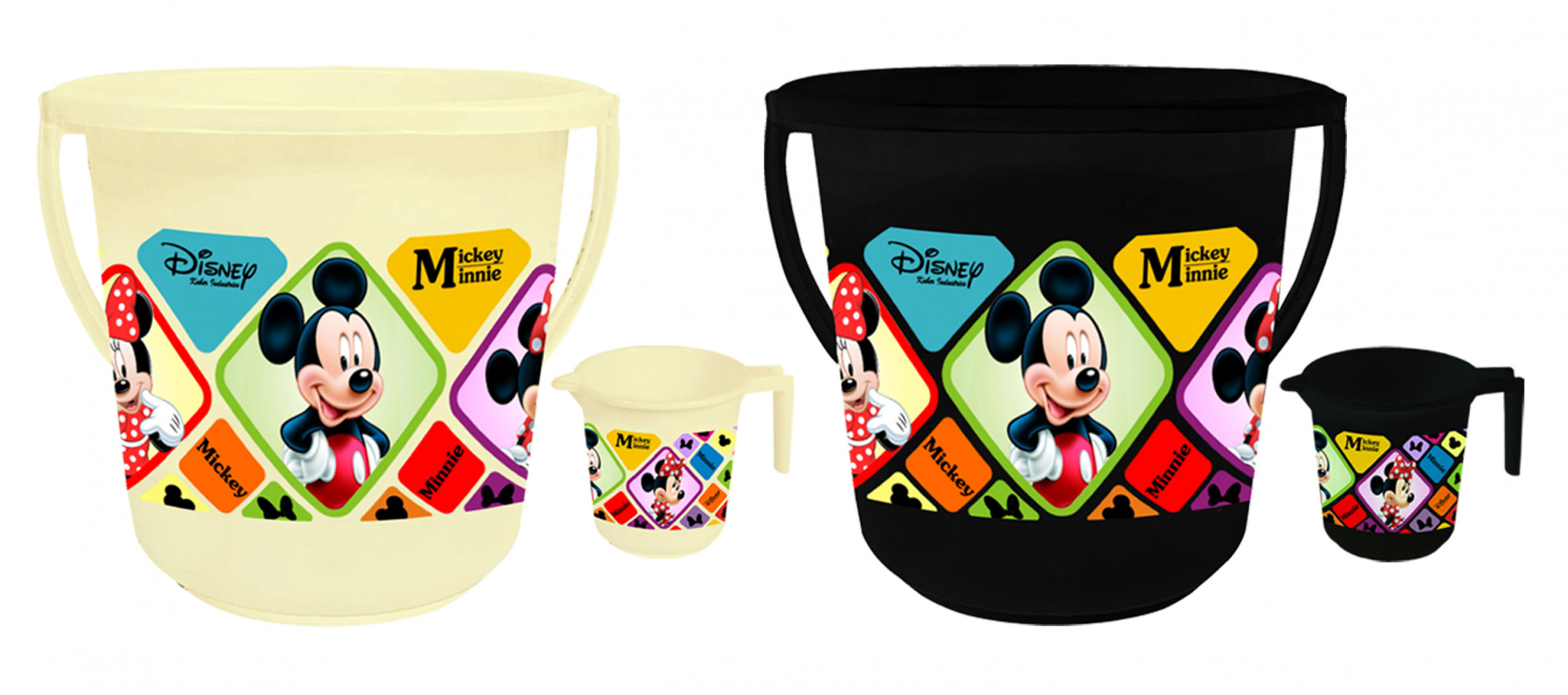 Kuber Industries Disney Mickey Minnie Print 4 Pieces Unbreakable Virgin Plastic Bathroom Bucket With Mug Set- Cream & Black, (2 Pc 16 LTR Bucket & 2 Pc 500 ML Mug) -HS_35_KUBMART17951
