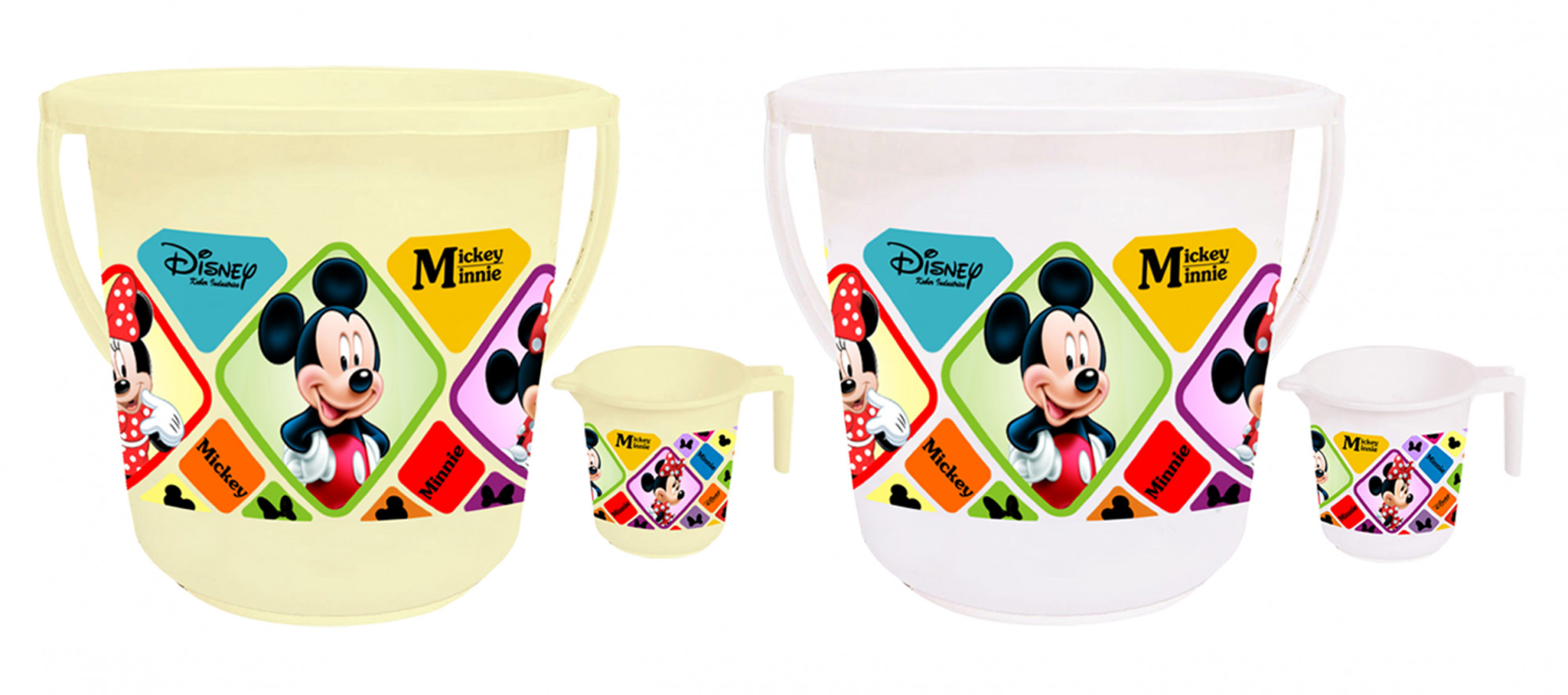 Kuber Industries Disney Mickey Minnie Print 4 Pieces Unbreakable Virgin Plastic Bathroom Bucket With Mug Set- Cream & White, (2 Pc 16 LTR Bucket & 2 Pc 500 ML Mug) -HS_35_KUBMART17953