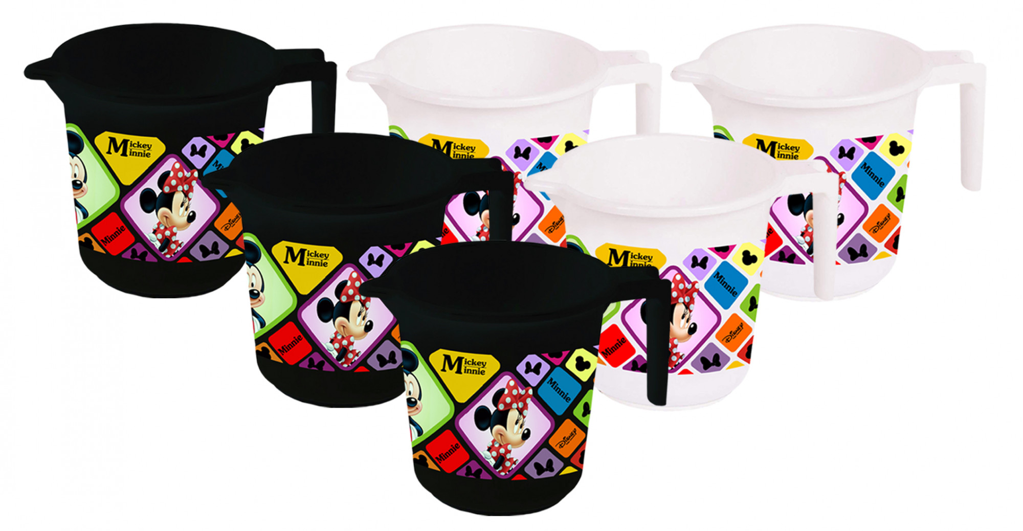Kuber Industries Disney Mickey Minnie Print 6 Pieces Unbreakable Strong Plastic Bathroom Mug,500 ML (Black & White) -HS_35_KUBMART17615