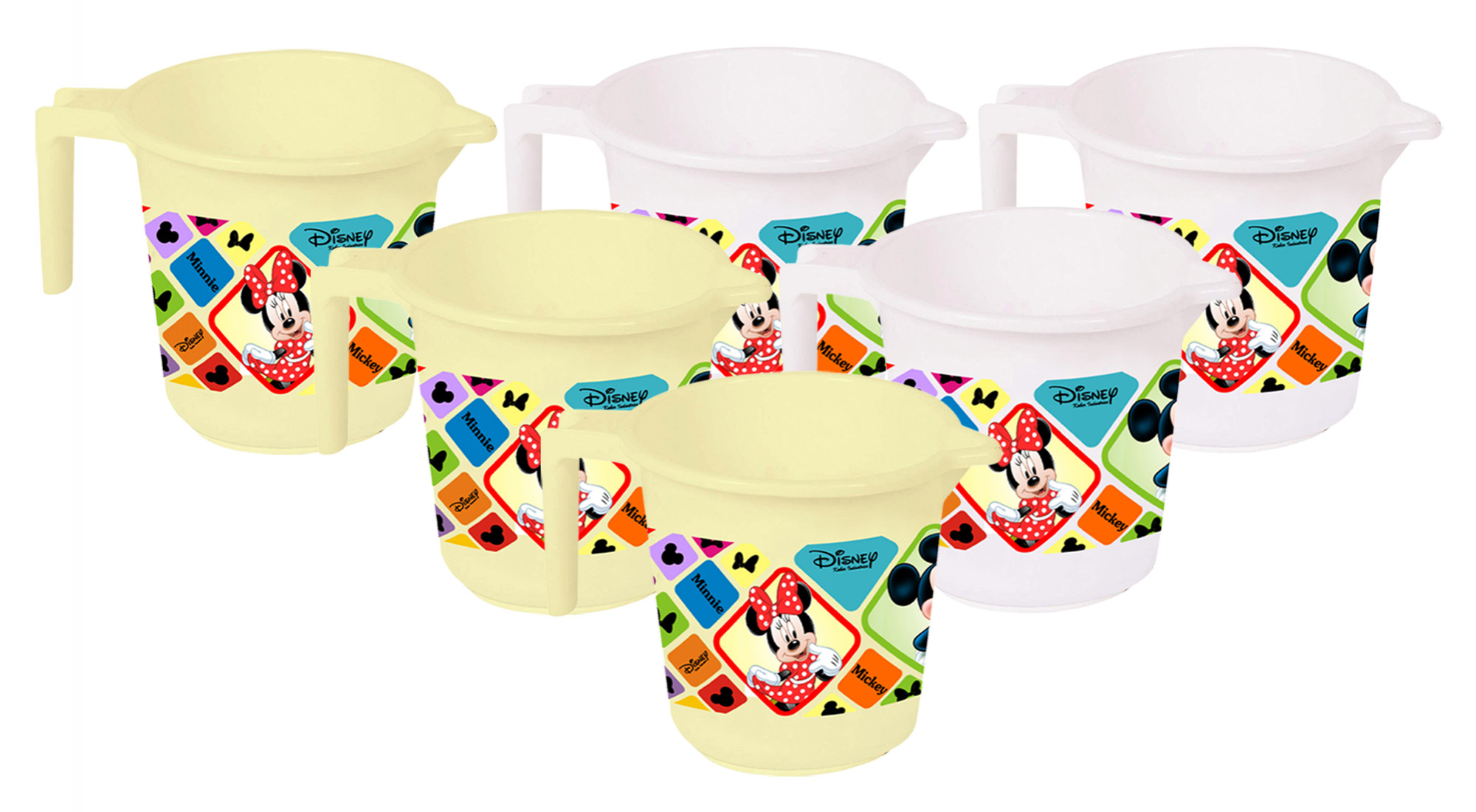 Kuber Industries Disney Mickey Minnie Print 6 Pieces Unbreakable Strong Plastic Bathroom Mug,500 ML (Cream & White) -HS_35_KUBMART17609