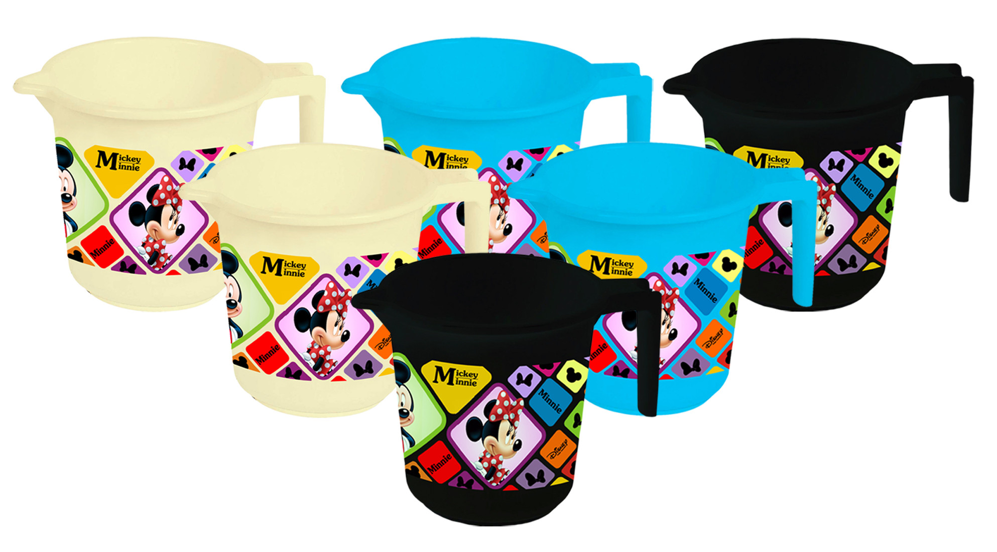 Kuber Industries Disney Mickey Minnie Print 6 Pieces Unbreakable Strong Plastic Bathroom Mug,500 ML (Cream & Blue & Black) -HS_35_KUBMART17623