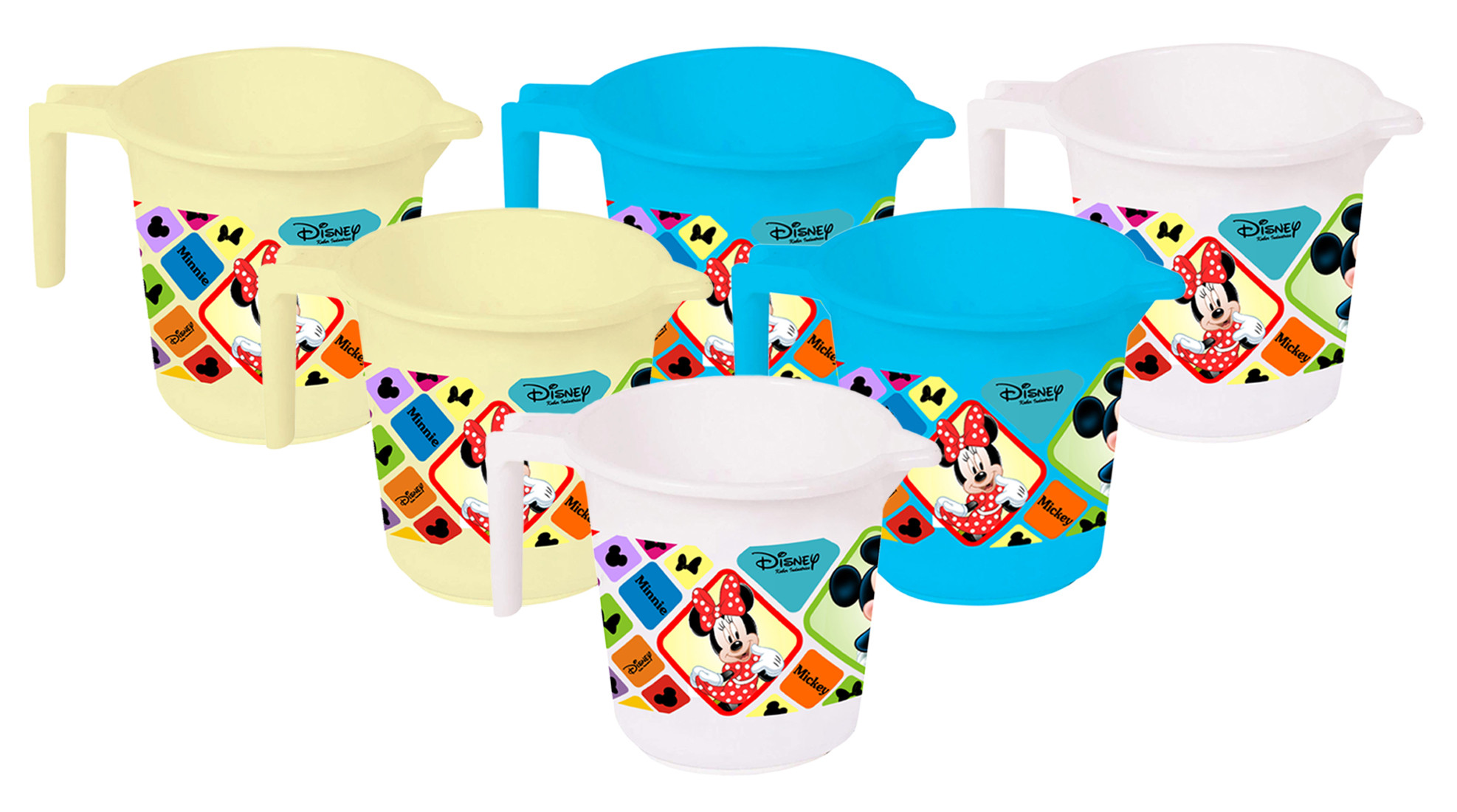 Kuber Industries Disney Mickey Minnie Print 6 Pieces Unbreakable Strong Plastic Bathroom Mug,500 ML (Cream & Blue & White) -HS_35_KUBMART17625