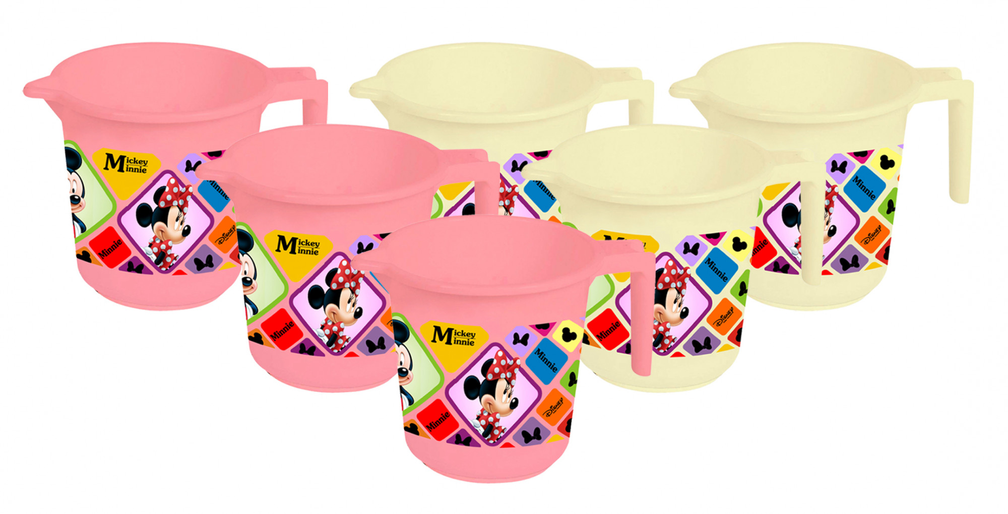 Kuber Industries Disney Mickey Minnie Print 6 Pieces Unbreakable Strong Plastic Bathroom Mug,500 ML (Pink & Cream) -HS_35_KUBMART17597