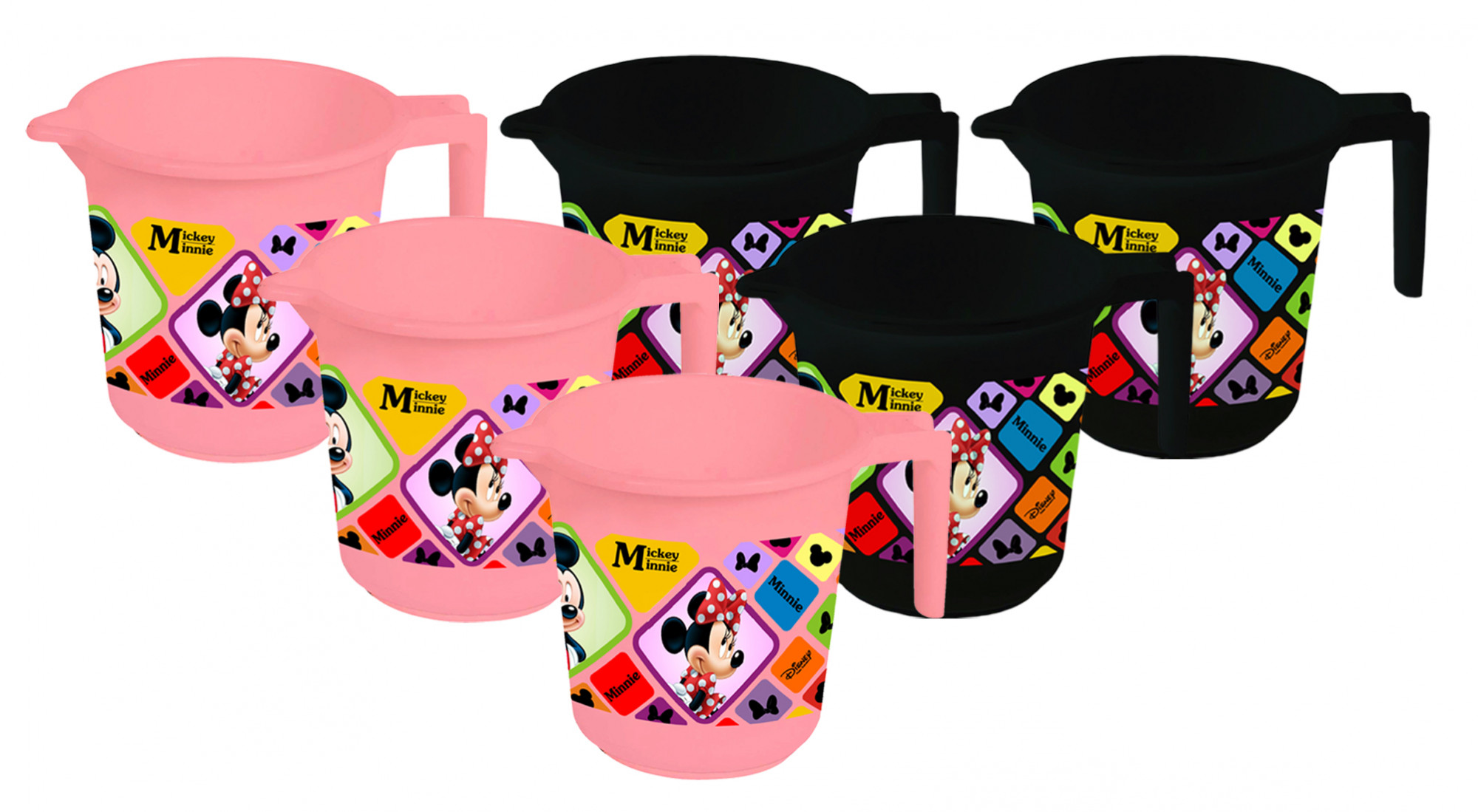 Kuber Industries Disney Mickey Minnie Print 6 Pieces Unbreakable Strong Plastic Bathroom Mug,500 ML (Pink & Black) -HS_35_KUBMART17601