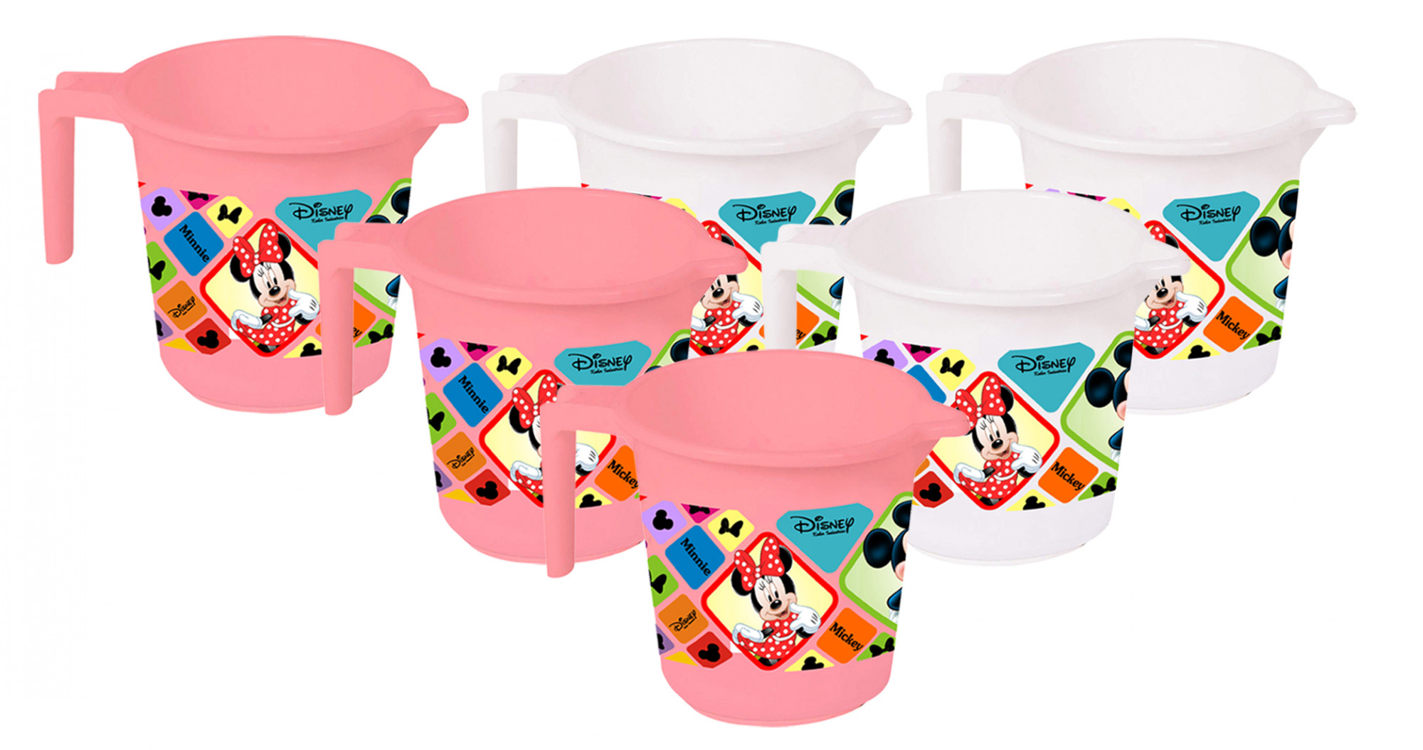 Kuber Industries Disney Mickey Minnie Print 6 Pieces Unbreakable Strong Plastic Bathroom Mug,500 ML (Pink & White) -HS_35_KUBMART17603