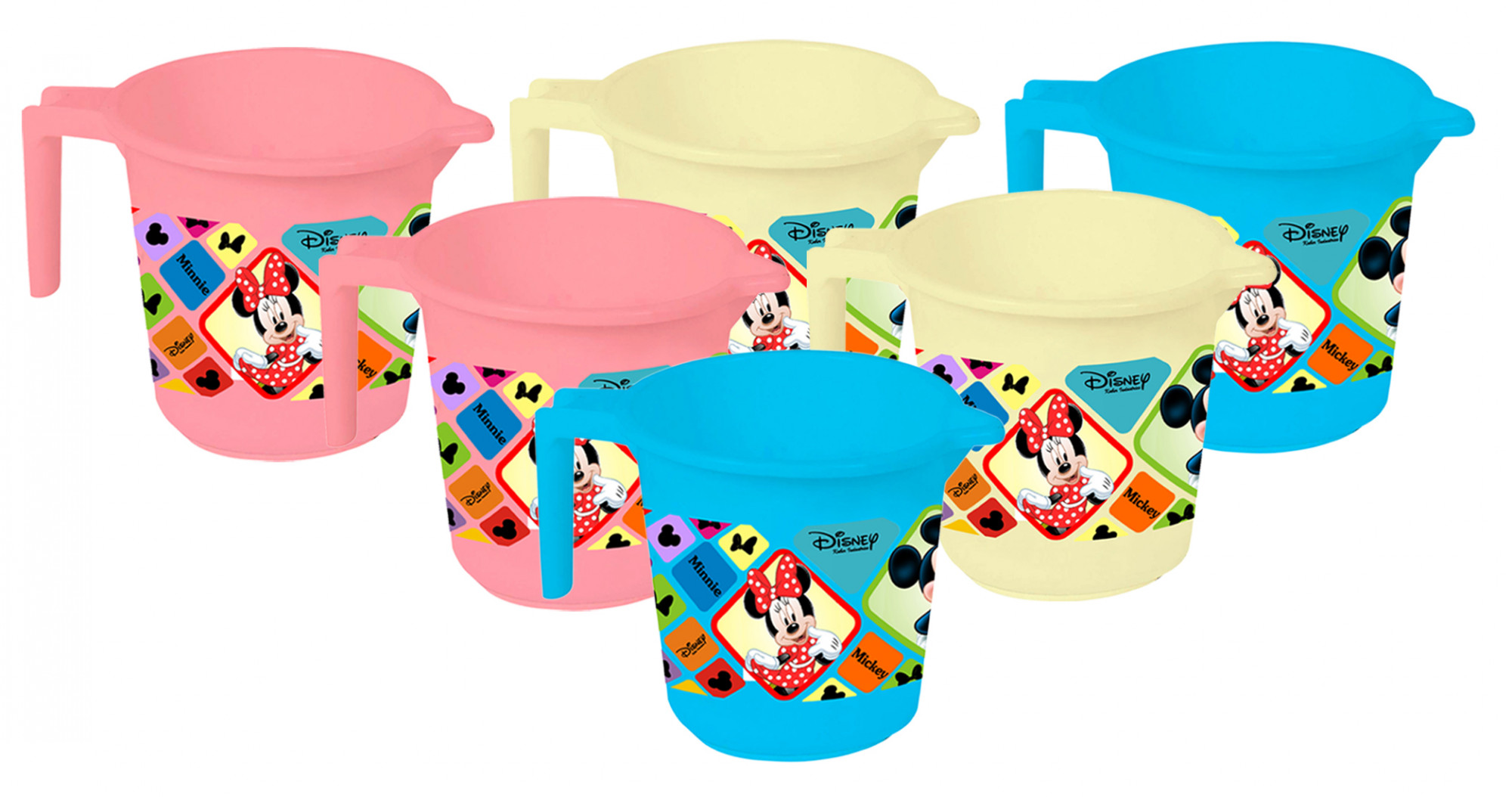 Kuber Industries Disney Mickey Minnie Print 6 Pieces Unbreakable Strong Plastic Bathroom Mug,500 ML (Pink & Cream & Blue) -HS_35_KUBMART17617