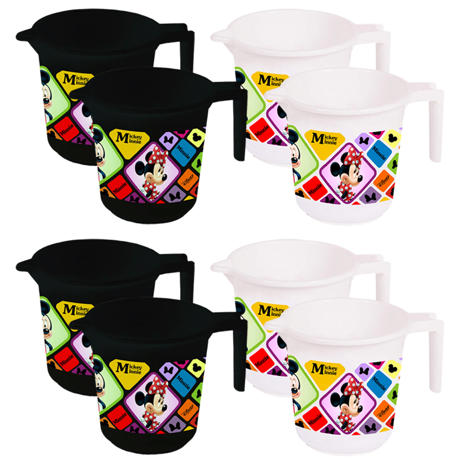 Kuber Industries Disney Mickey Minnie Print 8 Pieces Unbreakable Strong Plastic Bathroom Mug,500 ML (Black & White) -HS_35_KUBMART17647