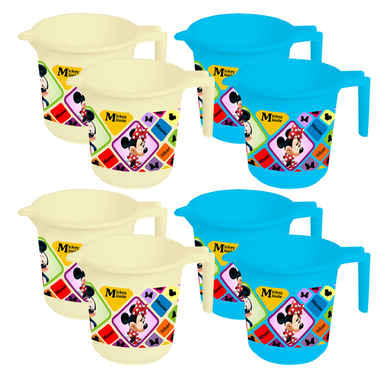 Kuber Industries Disney Mickey Minnie Print 8 Pieces Unbreakable Strong Plastic Bathroom Mug,500 ML (Cream & Blue) -HS_35_KUBMART17637