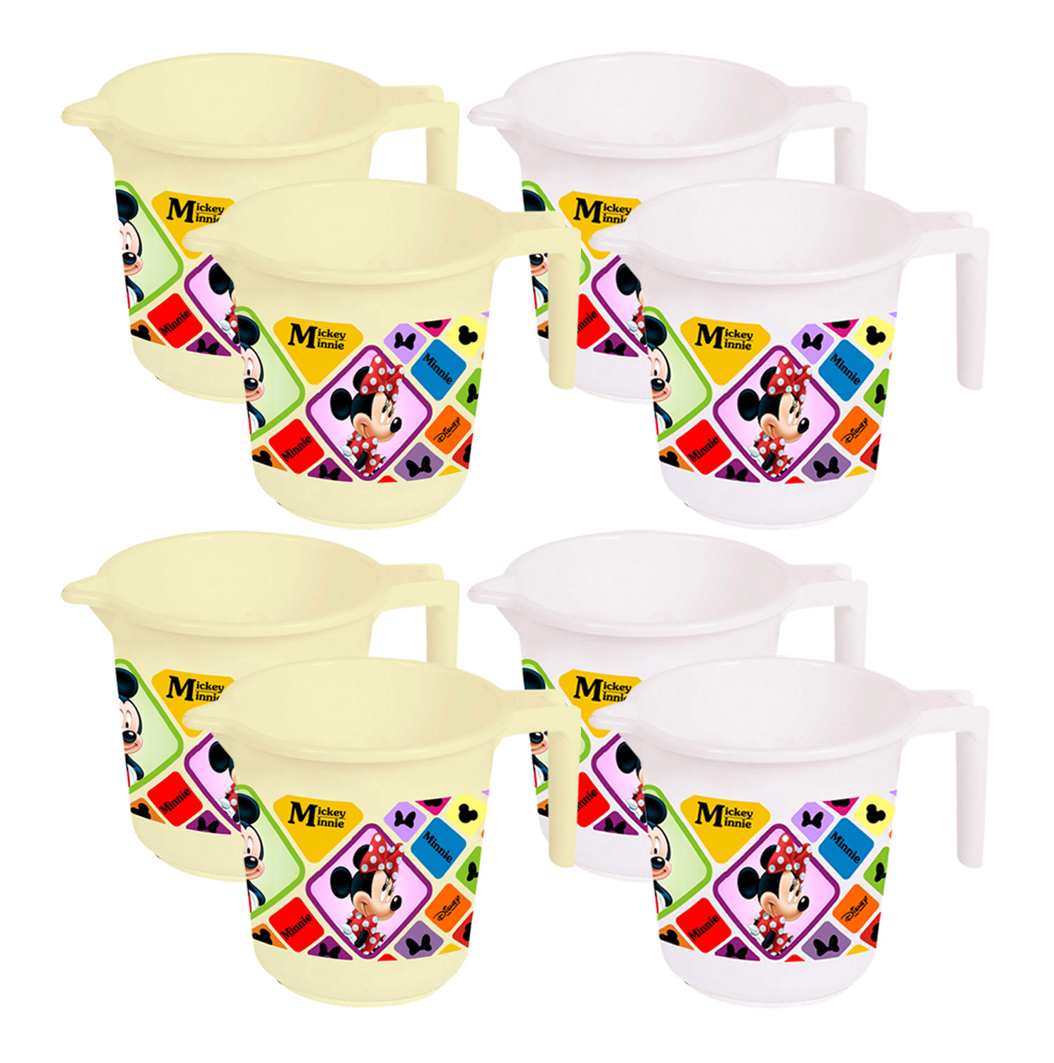 Kuber Industries Disney Mickey Minnie Print 8 Pieces Unbreakable Strong Plastic Bathroom Mug,500 ML (Cream & White) -HS_35_KUBMART17641
