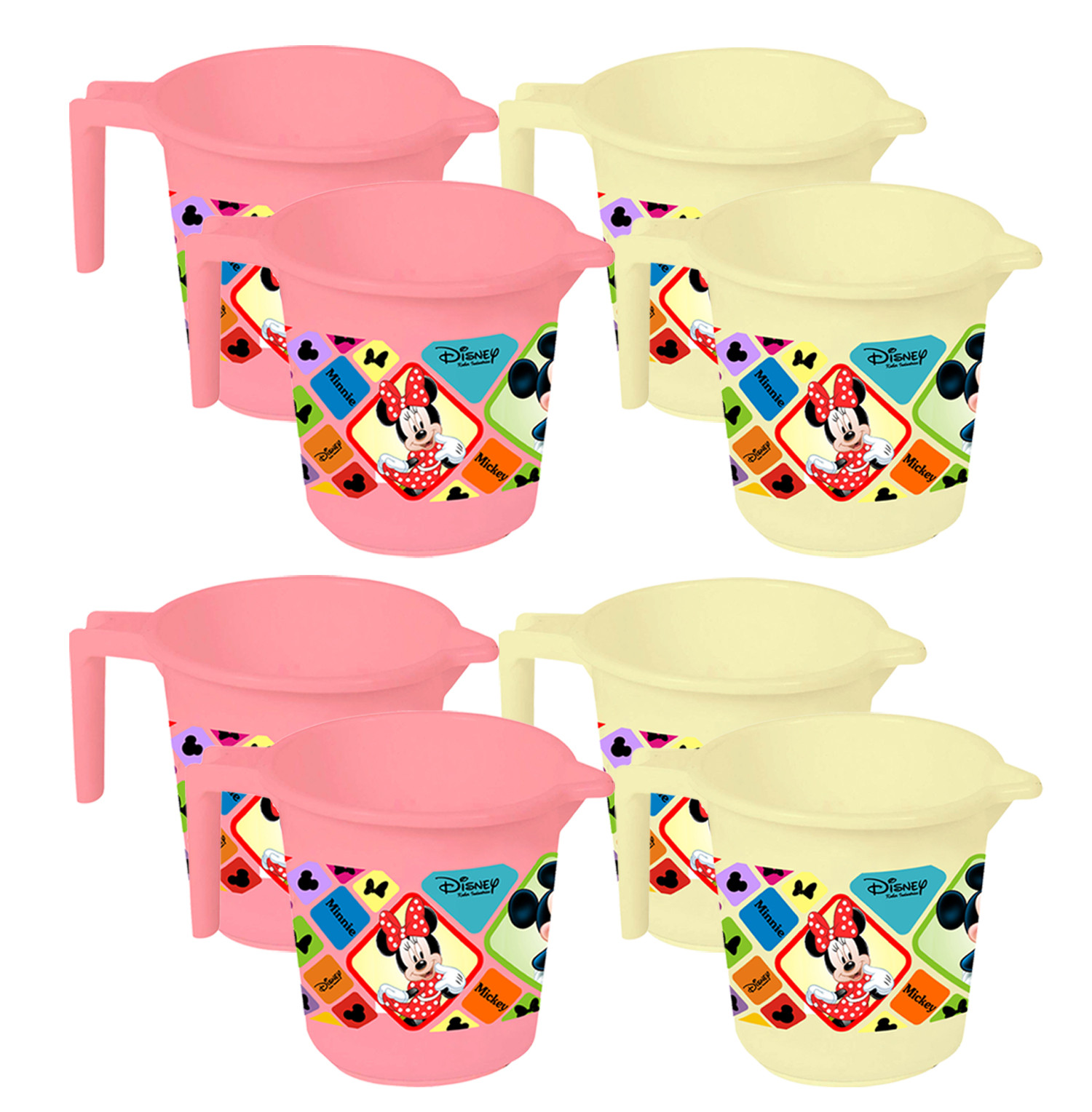 Kuber Industries Disney Mickey Minnie Print 8 Pieces Unbreakable Strong Plastic Bathroom Mug,500 ML (Pink & Cream) -HS_35_KUBMART17629