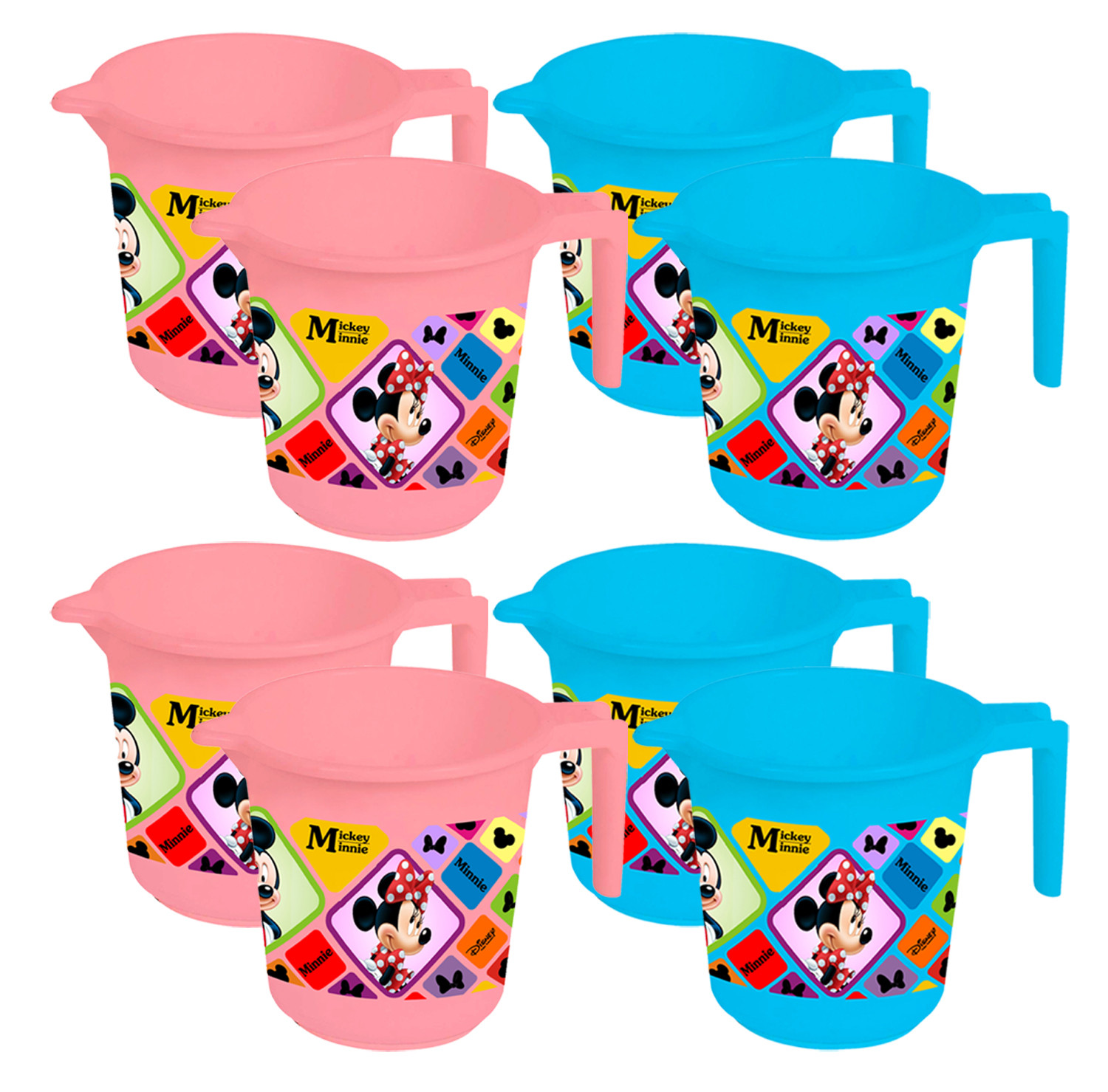 Kuber Industries Disney Mickey Minnie Print 8 Pieces Unbreakable Strong Plastic Bathroom Mug,500 ML (Pink & Blue) -HS_35_KUBMART17631
