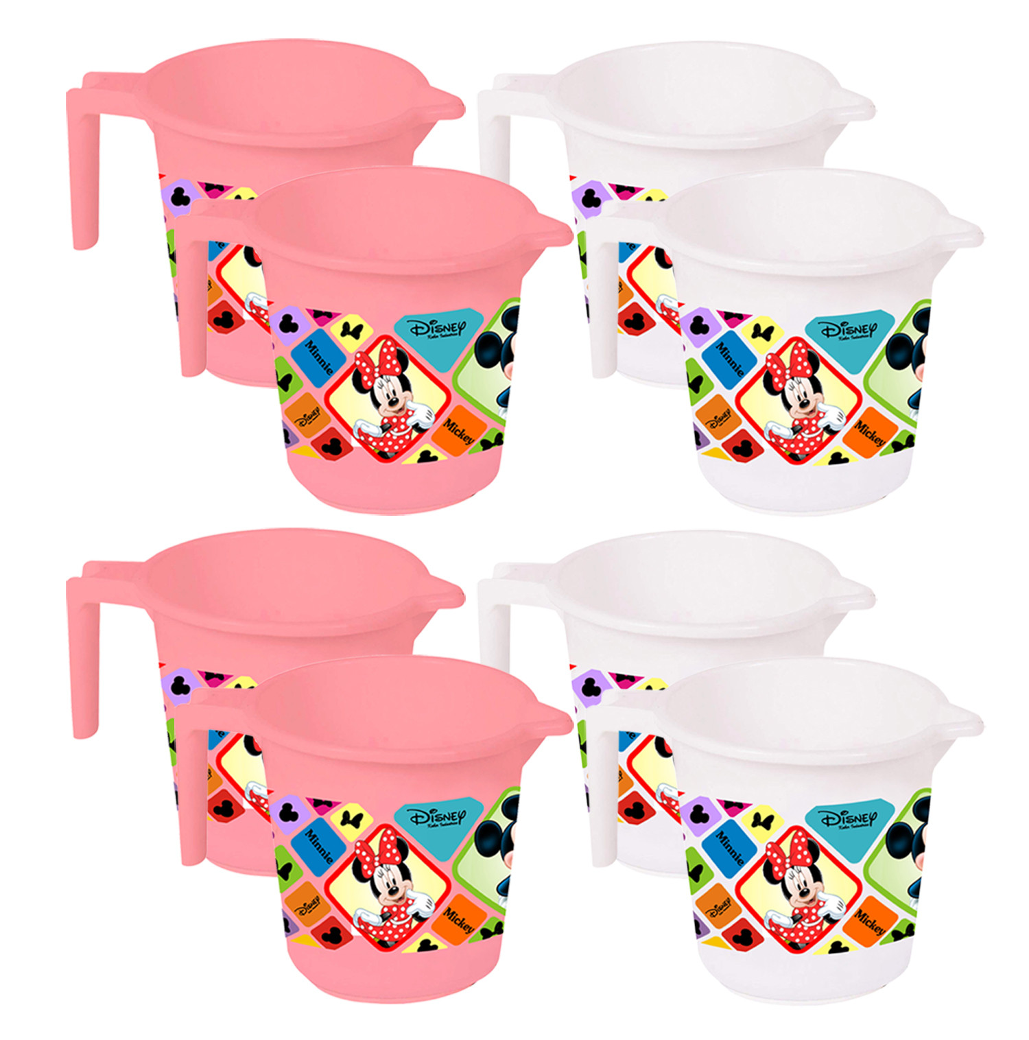 Kuber Industries Disney Mickey Minnie Print 8 Pieces Unbreakable Strong Plastic Bathroom Mug,500 ML (Pink & White) -HS_35_KUBMART17635
