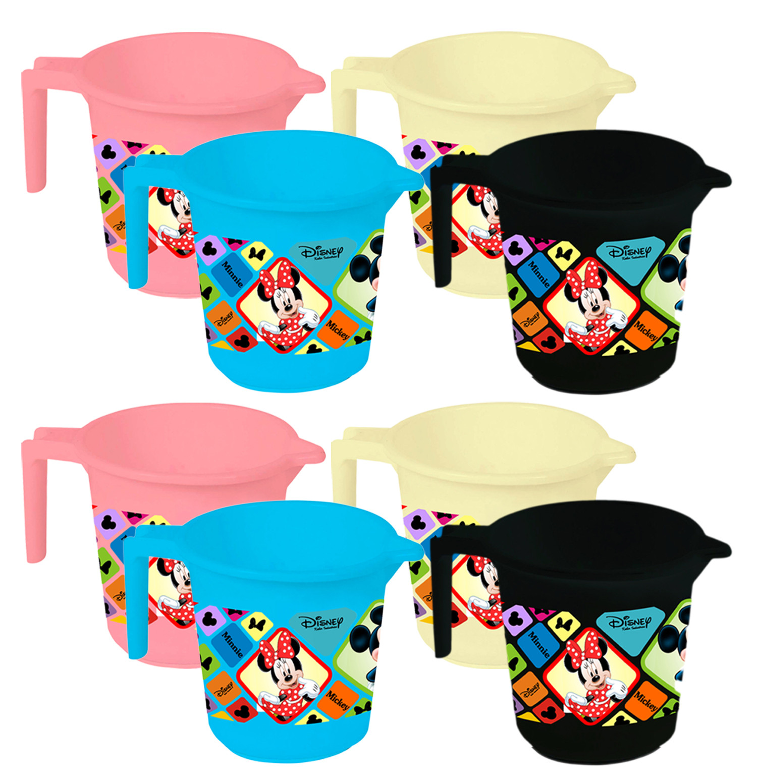 Kuber Industries Disney Mickey Minnie Print 8 Pieces Unbreakable Strong Plastic Bathroom Mug,500 ML (Pink & Cream & Blue & Black) -HS_35_KUBMART17649