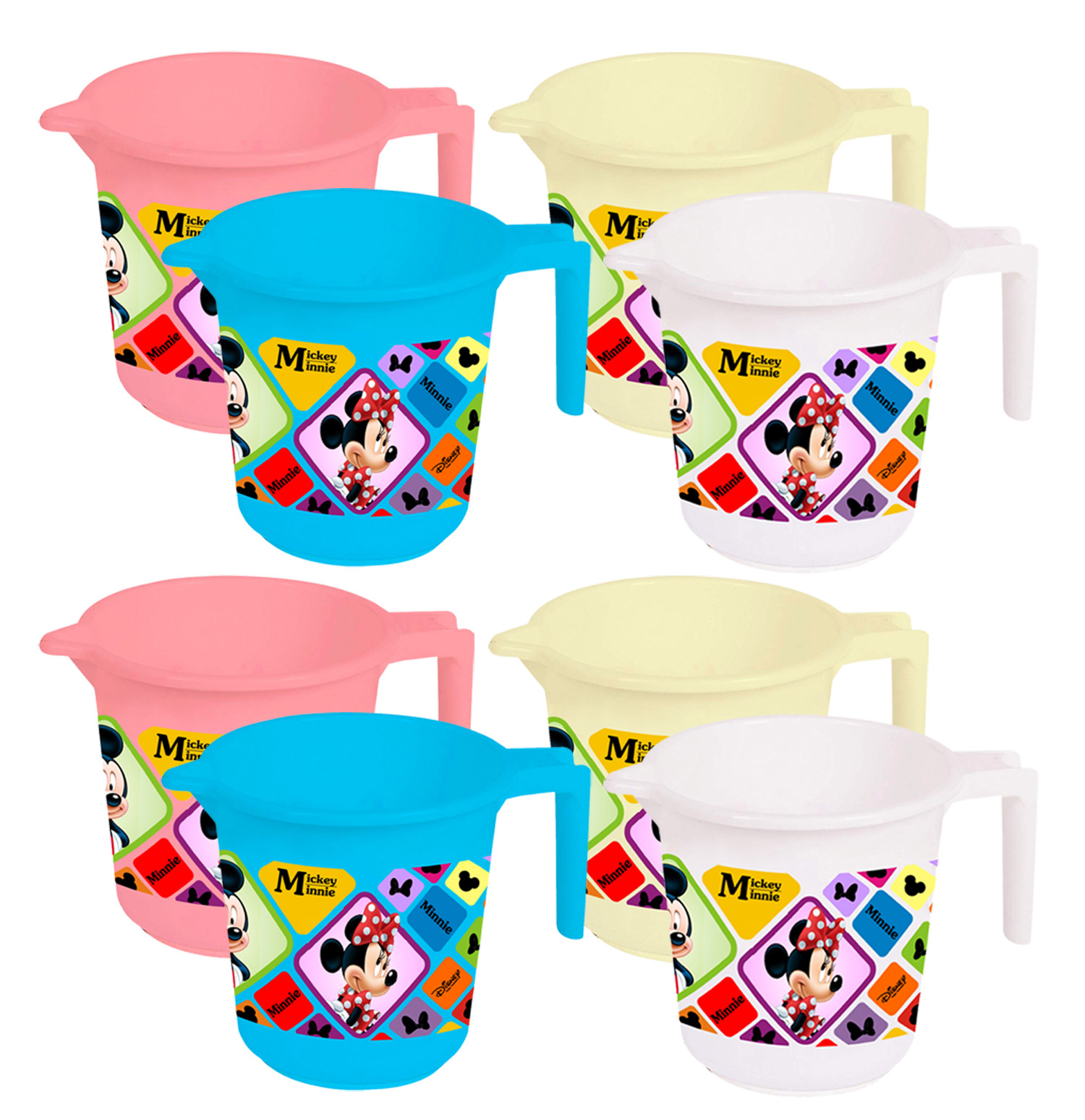 Kuber Industries Disney Mickey Minnie Print 8 Pieces Unbreakable Strong Plastic Bathroom Mug,500 ML (Pink & Cream & Blue & White) -HS_35_KUBMART17651