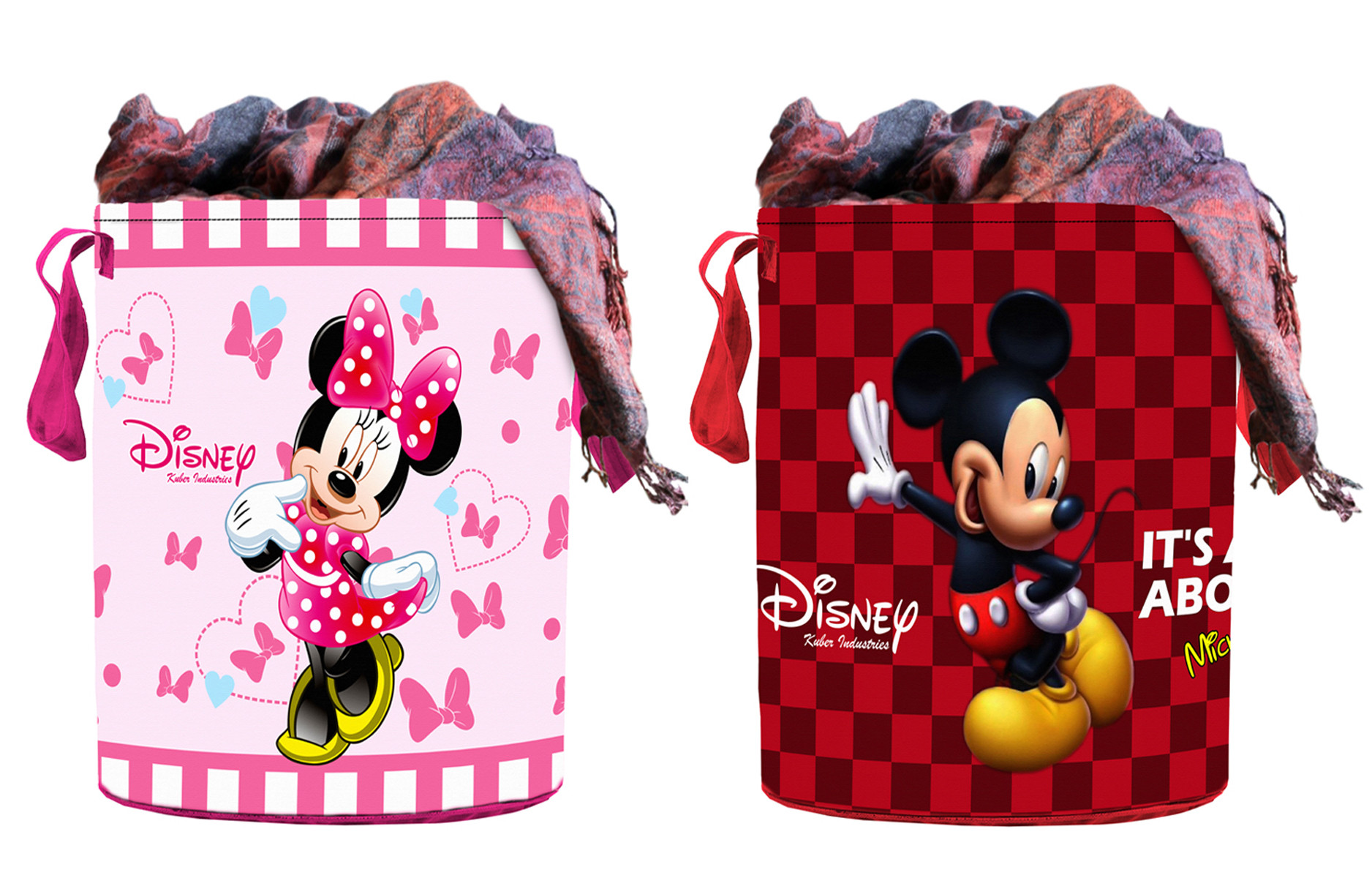 Kuber Industries Disney Mickey Minnie Print Non Woven Fabric Foldable Laundry Basket , Toy Storage Basket, Cloth Storage Basket With Handles,45 Ltr (Set Of 2, Maroon & Pink)