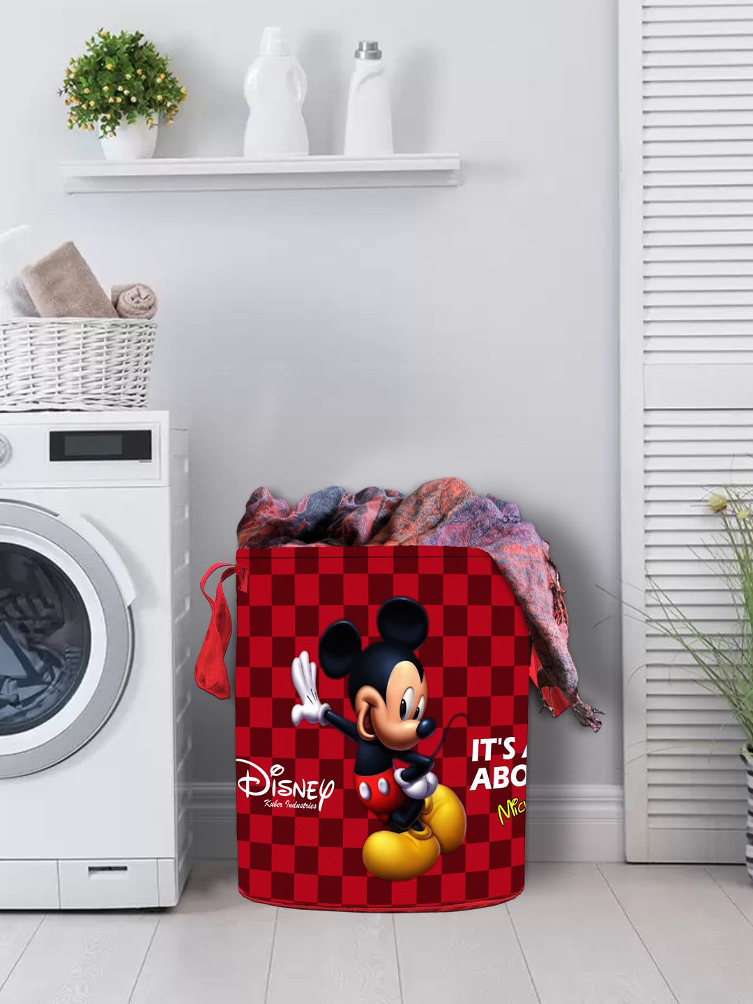 Kuber Industries Disney Mickey Minnie Print Non Woven Fabric Foldable Laundry Basket , Toy Storage Basket, Cloth Storage Basket With Handles,45 Ltr (Set Of 2, Maroon & Pink)