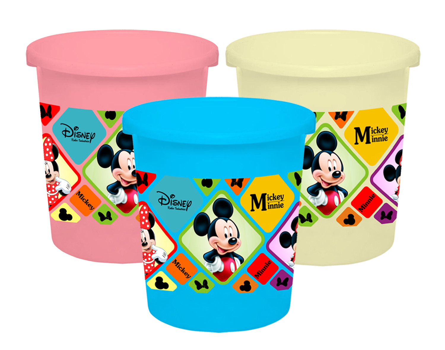 Kuber Industries Disney Mickey Minnie Print Plastic 3 Pieces Garbage Waste Dustbin/Recycling Bin for Home, Office, Factory, 5 Liters (Pink & Cream & Blue) -HS_35_KUBMART17805