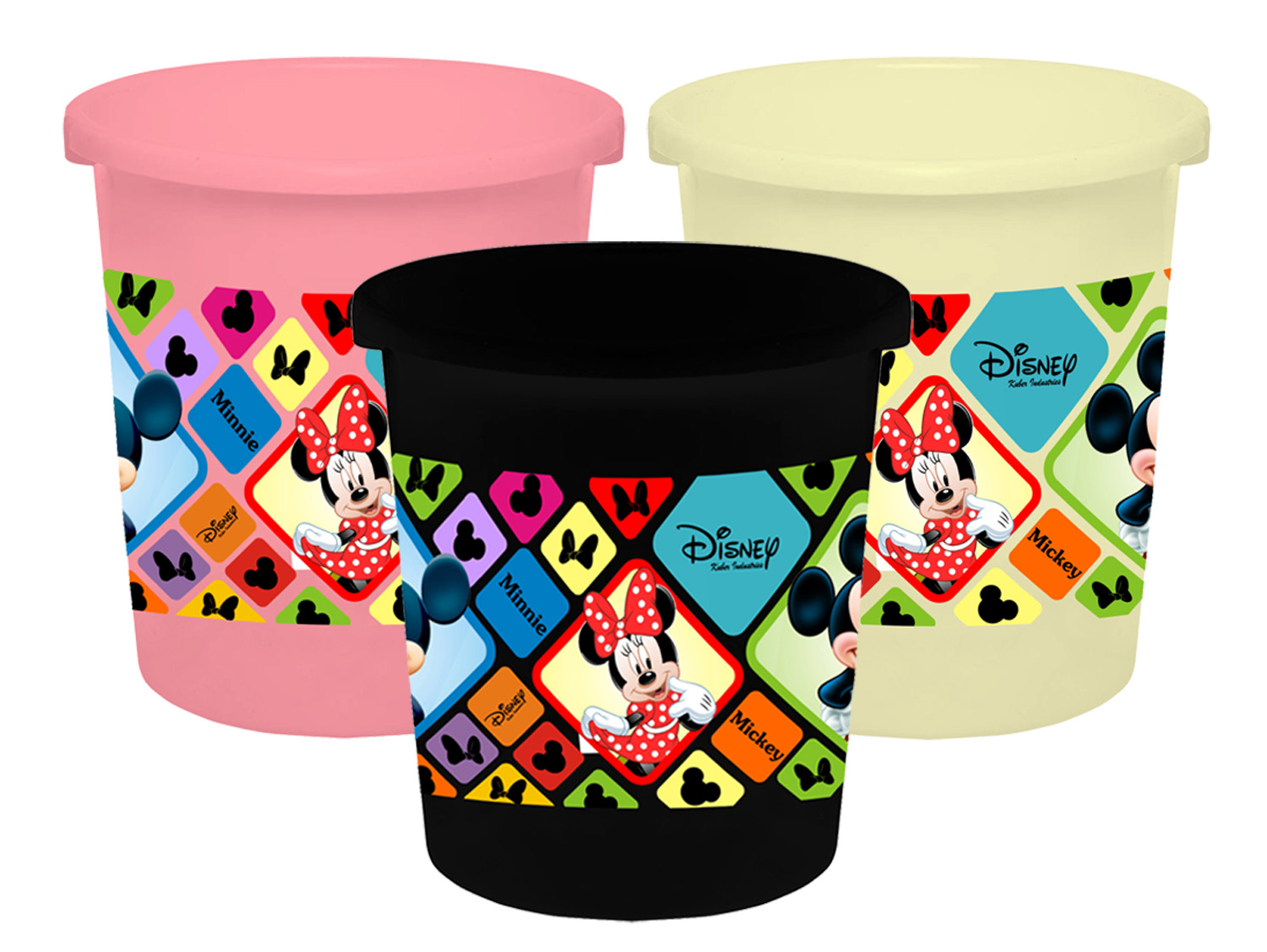Kuber Industries Disney Mickey Minnie Print Plastic 3 Pieces Garbage Waste Dustbin/Recycling Bin for Home, Office, Factory, 5 Liters (Pink & Cream & Black) -HS_35_KUBMART17807