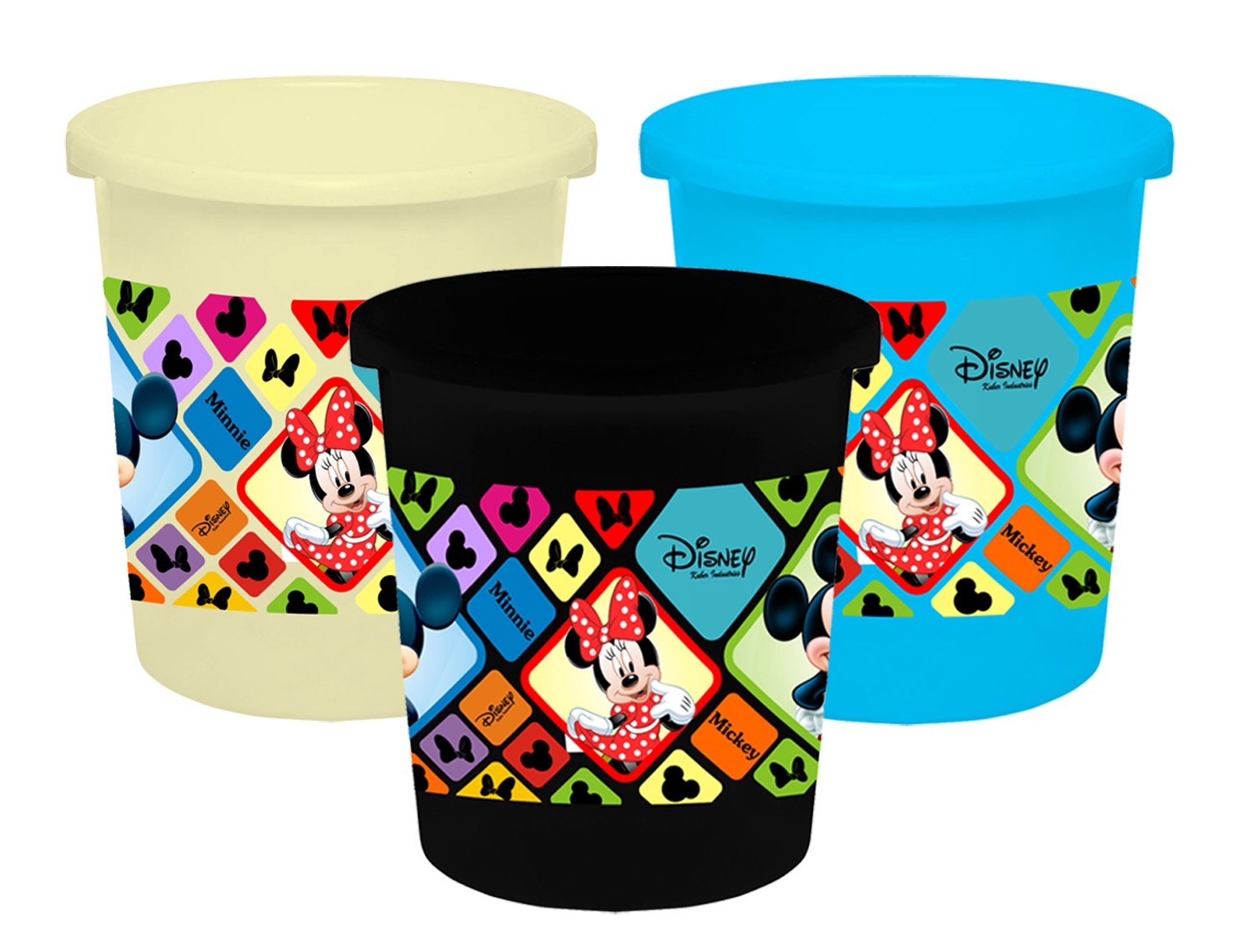 Kuber Industries Disney Mickey Minnie Print Plastic 3 Pieces Garbage Waste Dustbin/Recycling Bin for Home, Office, Factory, 5 Liters (Cream & Blue & Black) -HS_35_KUBMART17811