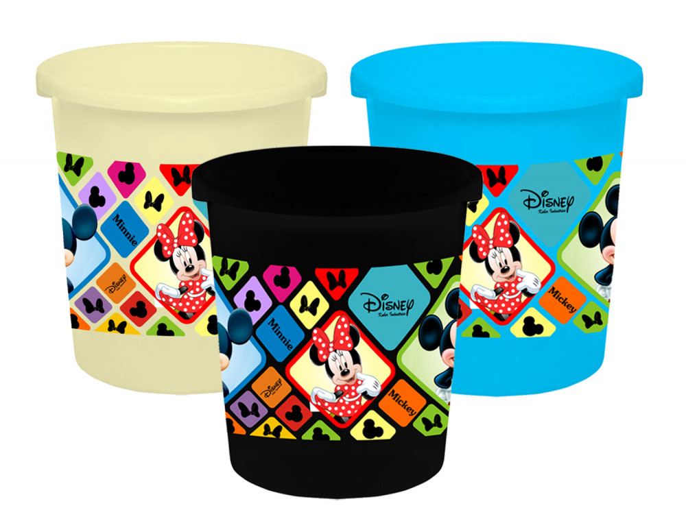 Kuber Industries Disney Mickey Minnie Print Plastic 3 Pieces Garbage Waste Dustbin/Recycling Bin for Home, Office, Factory, 5 Liters (Cream &amp; Blue &amp; Black) -HS_35_KUBMART17811