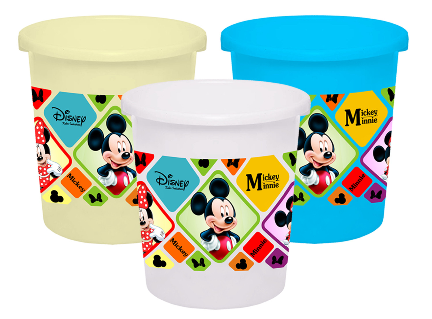 Kuber Industries Disney Mickey Minnie Print Plastic 3 Pieces Garbage Waste Dustbin/Recycling Bin for Home, Office, Factory, 5 Liters (Cream & Blue & White) -HS_35_KUBMART17813